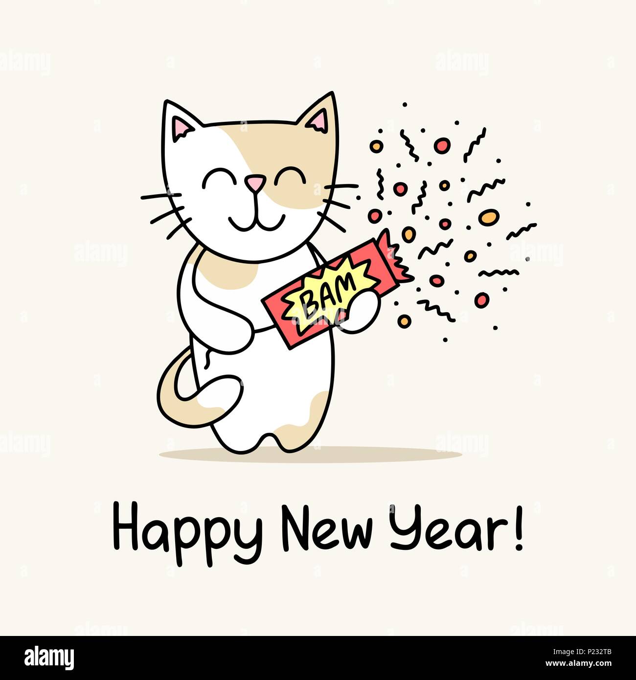 Frohes Neues Jahr Grußkarte mit süße Katze, dass die Slapstick in seinen Händen hält. Lustige flachbild Vektor Tier Abbildung Poster Stock Vektor