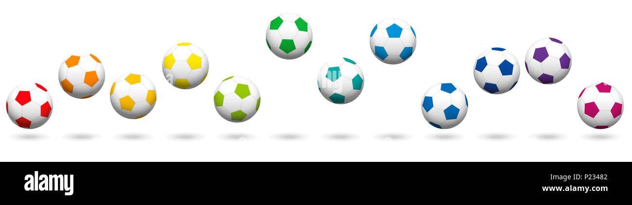 Fußball Bälle locker angeordnet. Regenbogenfarbene Ball set springen, 12 verschiedene Farben - Abbildung auf weißen Hintergrund. Stockfoto