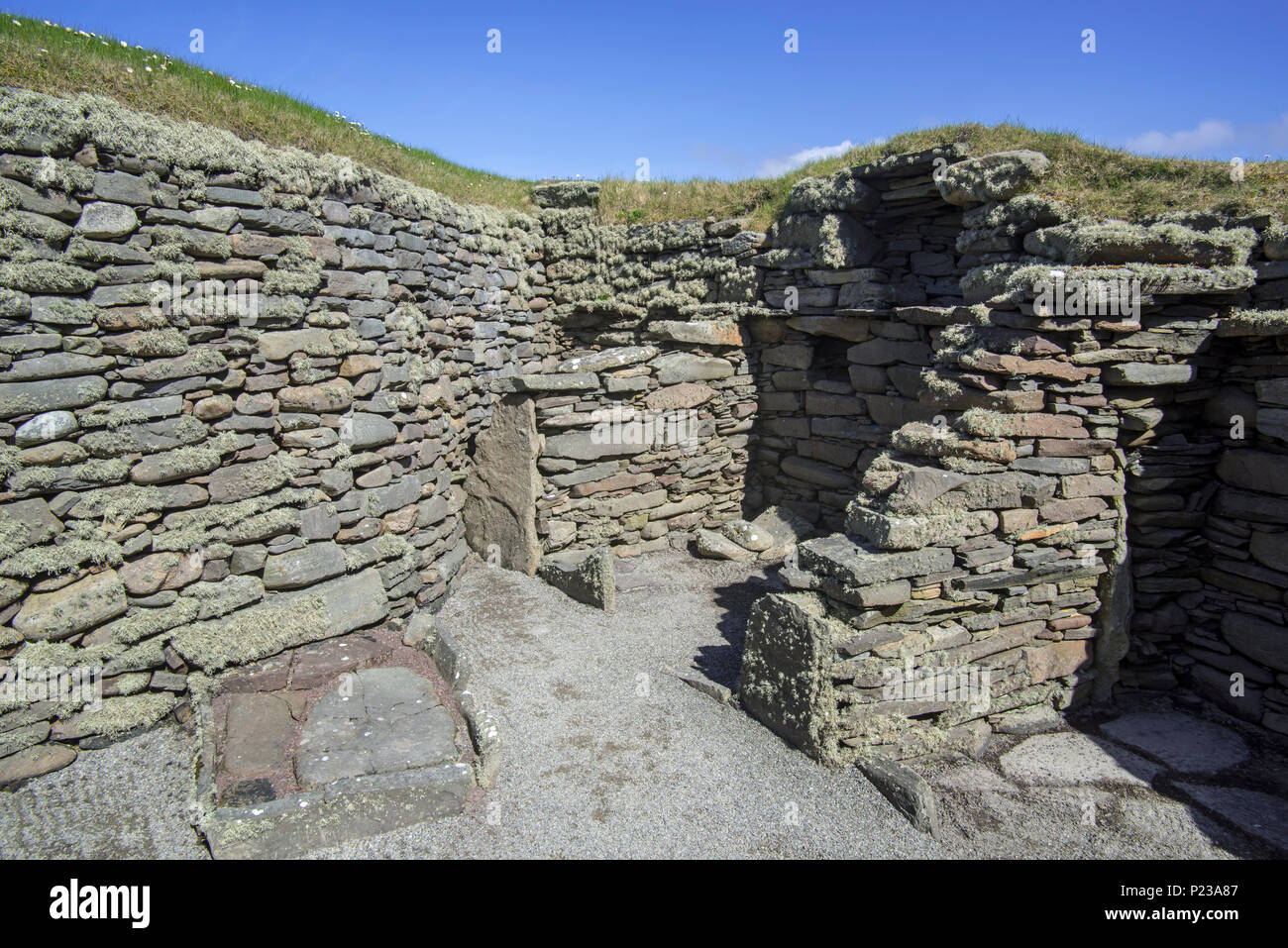 Kammer am Jarlshof, archäologische Stätte, die 2500 v. Chr. vorgeschichtliche und nordischen Siedlungen in Sumburgh, Shetland Inseln, Schottland, Großbritannien Stockfoto