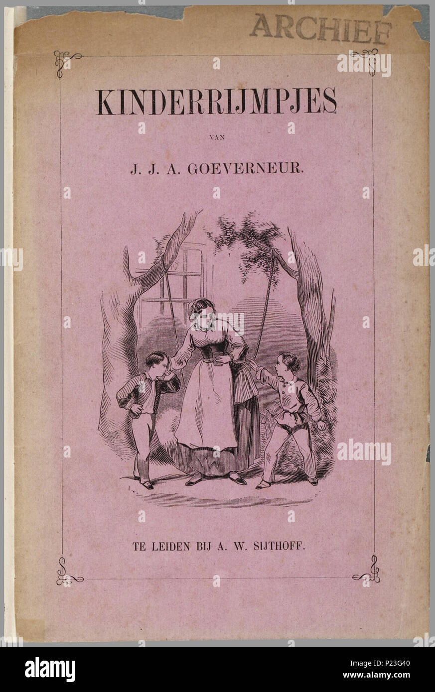 . Kinderrijmpjes/van J.J.A. Goeverneur. Op het titelblad zijn afgebeeld Sterben vier Kinderen de Buchstaben ABC dragen. Dan volgt een pagina met Het alfabet in onderkast kapitaal en, en een plaat van een lezend meisje met de Text; "Es het boek - jen van Oom Jan, waar ik-le-zen Lee-ren kan. Het abc Omvat 6 Pagina's, Elk met 4 afbeeldingen met Twee regels rijmende Text. Met Dan volgen 6 Ähnliche pagina Dieren en voorwerpen gebouwen, en tot ist Steckplatz twee pagina met afbeeldingen van kinderspel: soldaatje spelen, blindeman, vliegeren en rijden in een bokkenwagen. 16 p: handgekl. Kranke//In Stockfoto