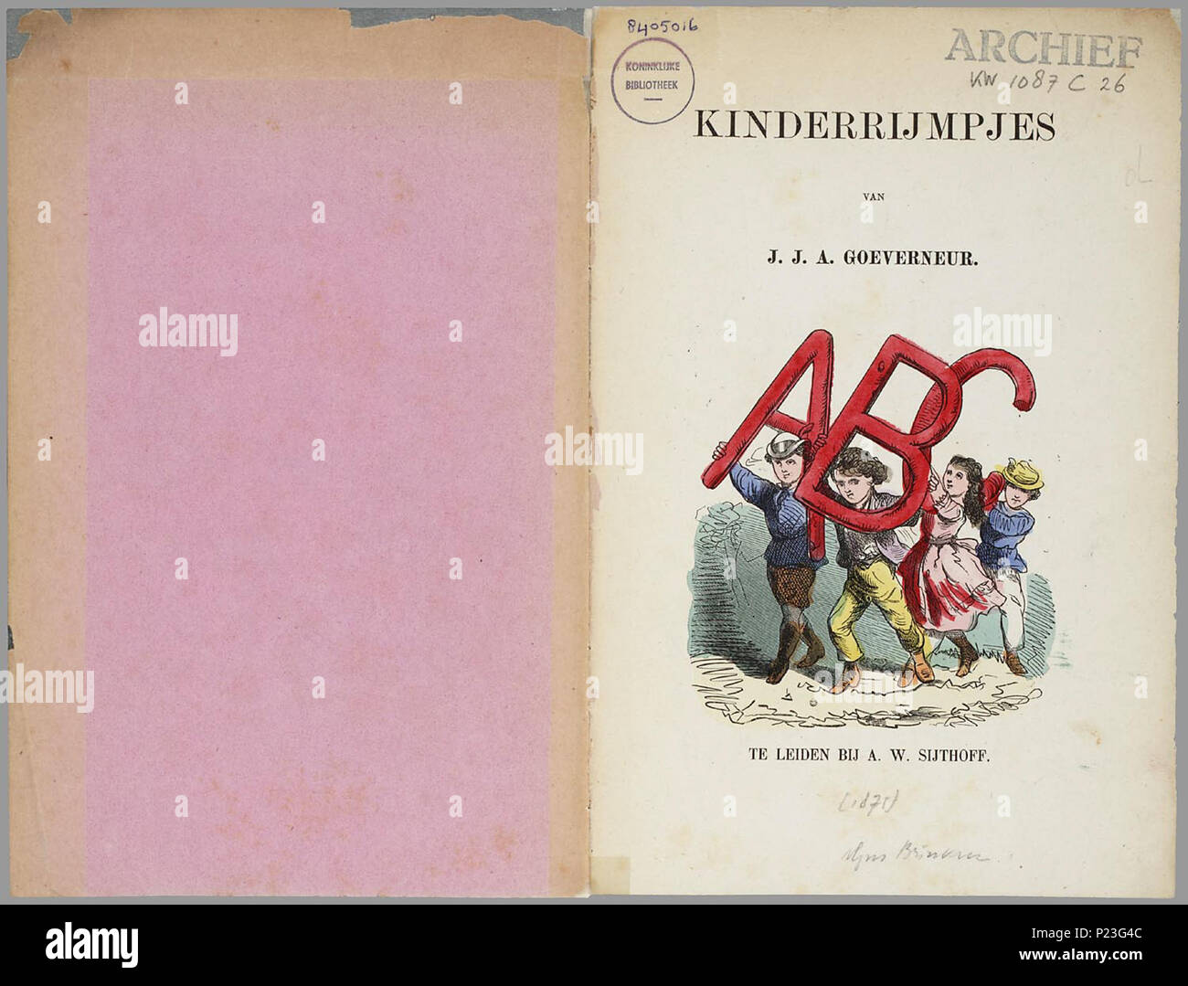 . Kinderrijmpjes/van J.J.A. Goeverneur. Op het titelblad zijn afgebeeld Sterben vier Kinderen de Buchstaben ABC dragen. Dan volgt een pagina met Het alfabet in onderkast kapitaal en, en een plaat van een lezend meisje met de Text; "Es het boek - jen van Oom Jan, waar ik-le-zen Lee-ren kan. Het abc Omvat 6 Pagina's, Elk met 4 afbeeldingen met Twee regels rijmende Text. Met Dan volgen 6 Ähnliche pagina Dieren en voorwerpen gebouwen, en tot ist Steckplatz twee pagina met afbeeldingen van kinderspel: soldaatje spelen, blindeman, vliegeren en rijden in een bokkenwagen. 16 p: handgekl. Kranke//In Stockfoto