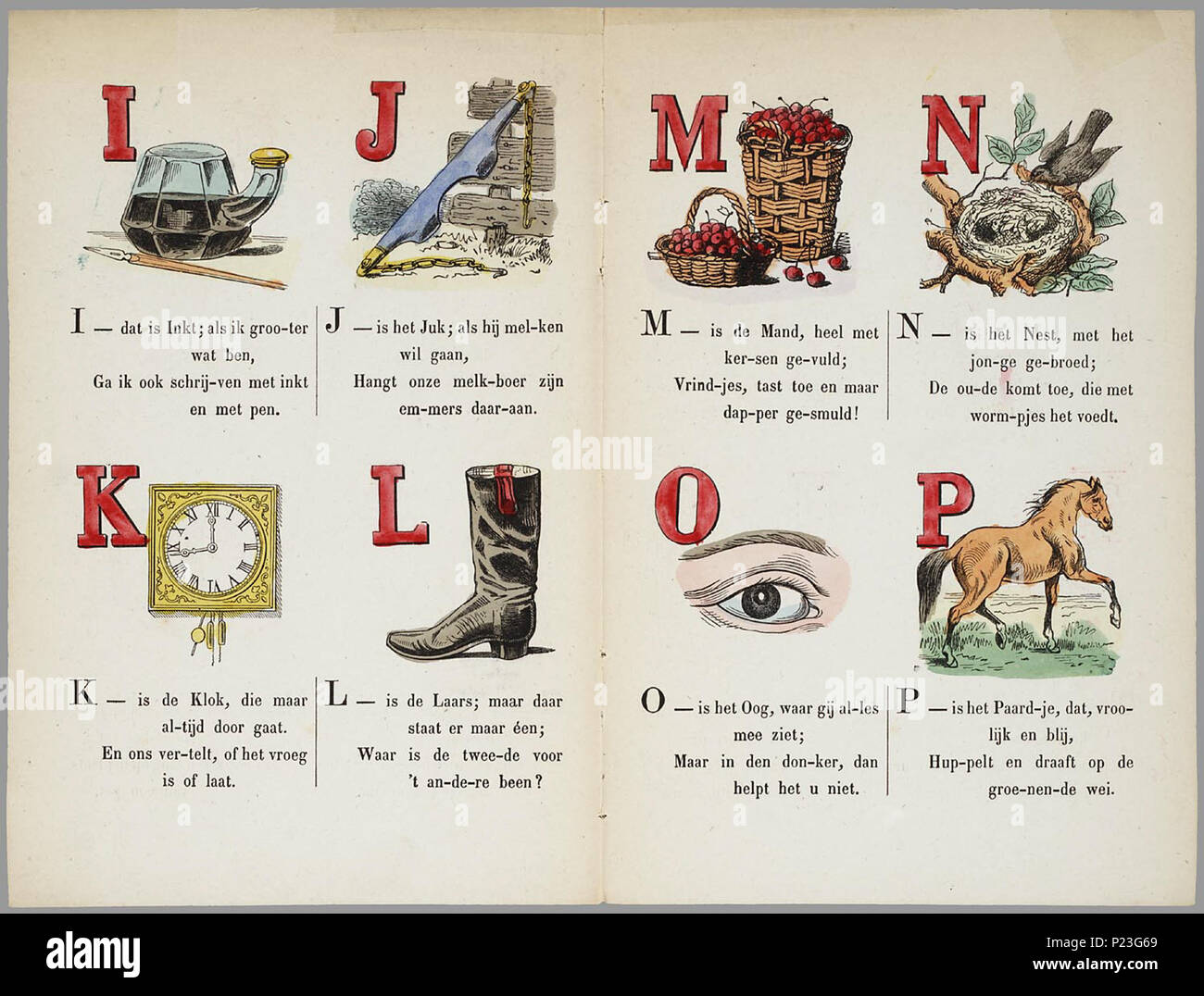 . Kinderrijmpjes/van J.J.A. Goeverneur. Op het titelblad zijn afgebeeld Sterben vier Kinderen de Buchstaben ABC dragen. Dan volgt een pagina met Het alfabet in onderkast kapitaal en, en een plaat van een lezend meisje met de Text; "Es het boek - jen van Oom Jan, waar ik-le-zen Lee-ren kan. Het abc Omvat 6 Pagina's, Elk met 4 afbeeldingen met Twee regels rijmende Text. Met Dan volgen 6 Ähnliche pagina Dieren en voorwerpen gebouwen, en tot ist Steckplatz twee pagina met afbeeldingen van kinderspel: soldaatje spelen, blindeman, vliegeren en rijden in een bokkenwagen. 16 p: handgekl. Kranke//In Stockfoto