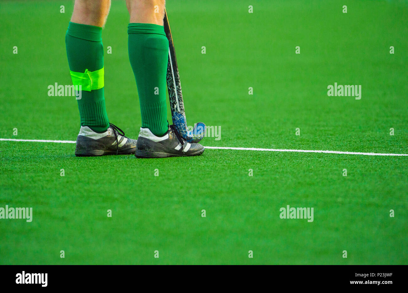 Man-Feld hockey player auf das Gras grüner Hintergrund Stockfoto