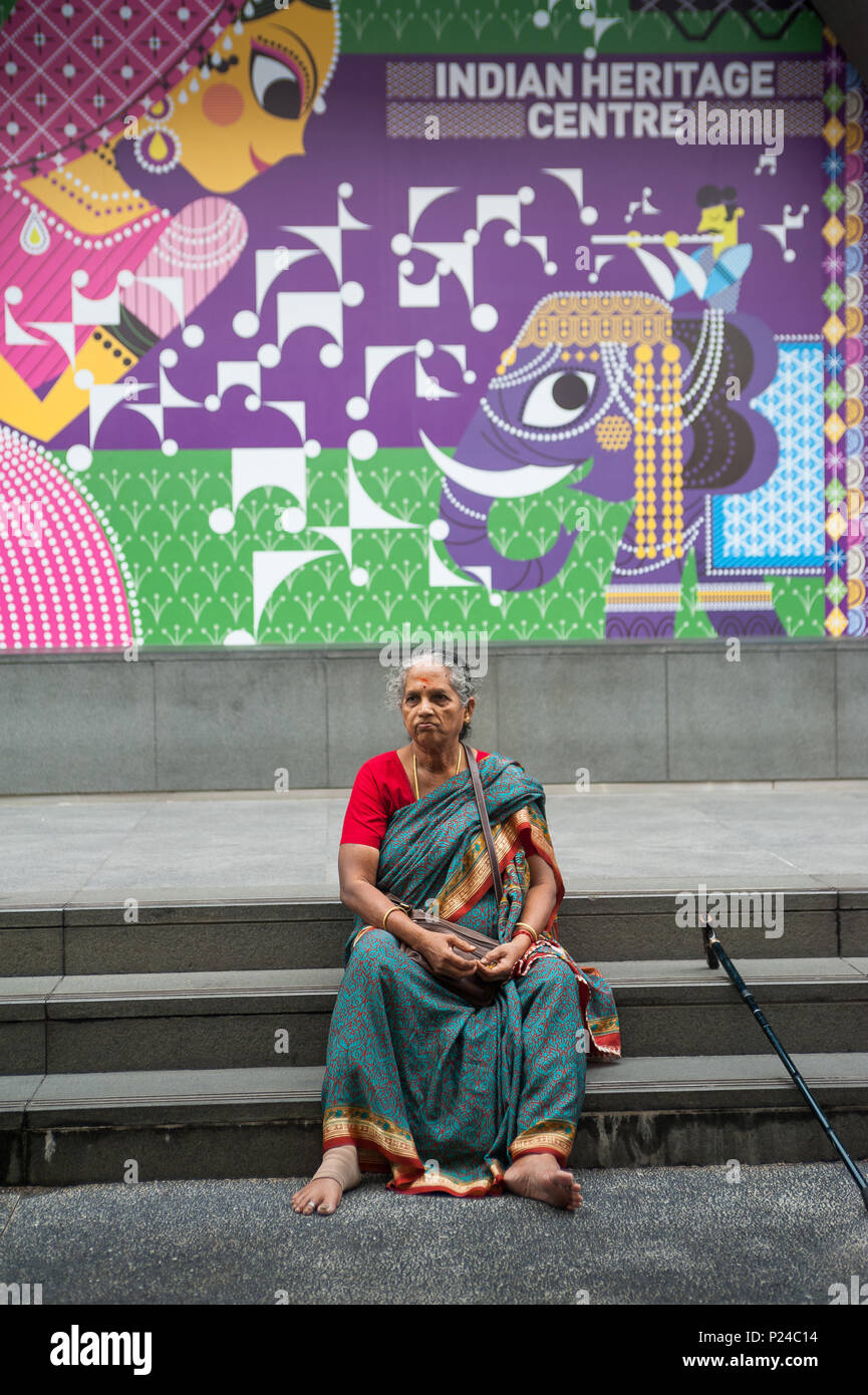 Singapur, Republik Singapur, eine Frau sitzt auf der Treppe vor dem indischen Heritage Centre Stockfoto