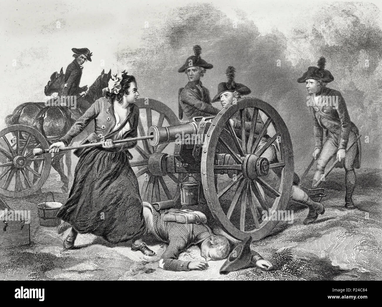 Molly Pitcher in der Schlacht von Monmouth, Juni 28,1778, während der Amerikanischen Revolution. Die Legende von Molly Pitcher ist eng mit dem Kampf verbunden Stockfoto