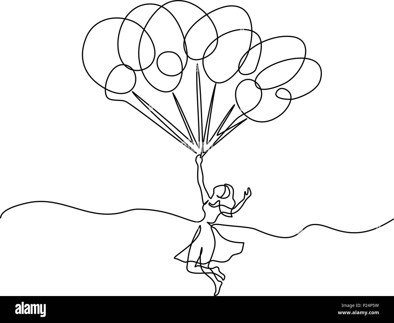 Schöne junge Frau mit Ballons und Fliegen Stock Vektor