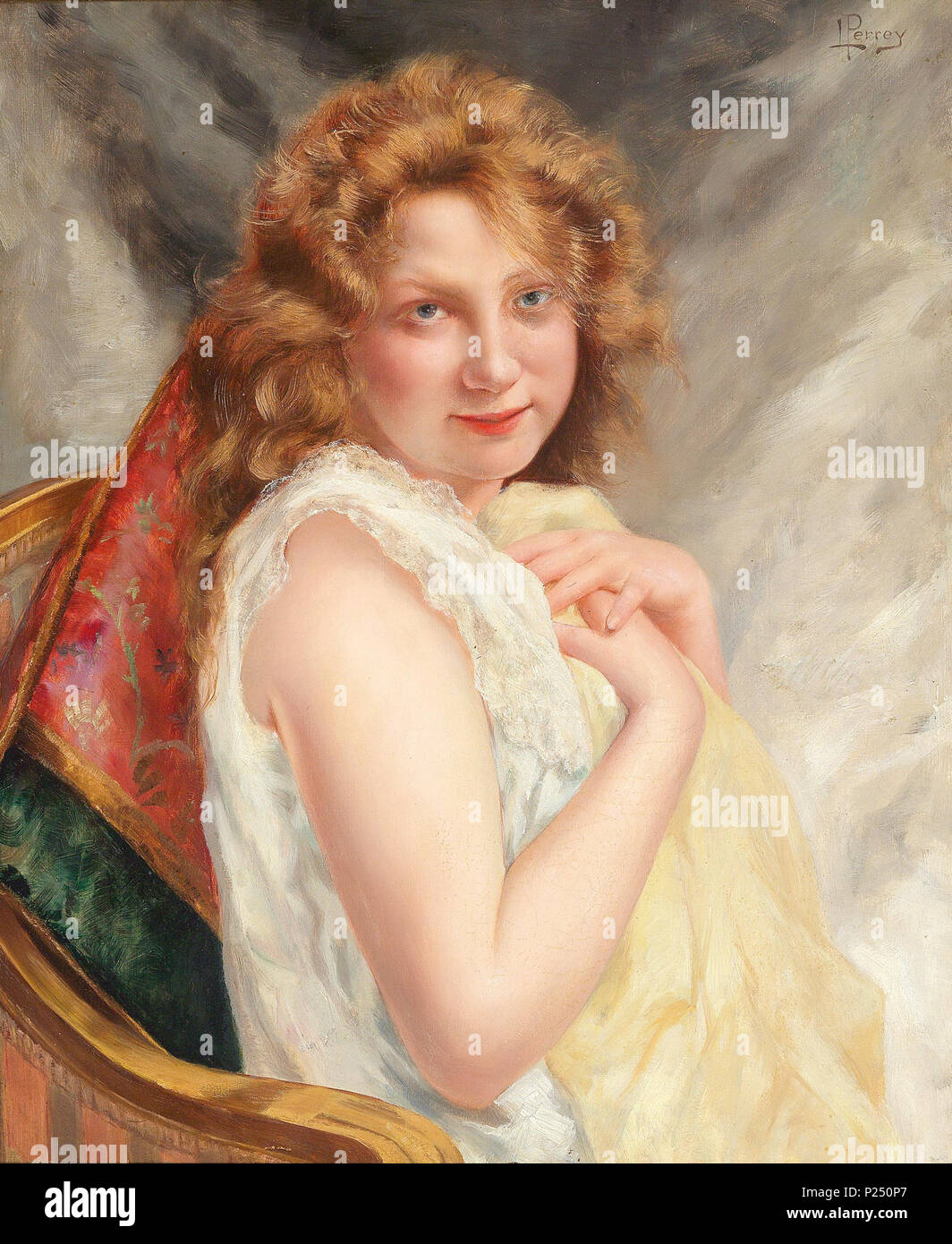 . English: Porträt einer jungen Frau, signiert L. Perrey (ligiert), Öl auf Leinwand, 55 x 45,5 cm. 19. Louis Perrey (* 1856; † nach 1900} 178 Louis Perrey Portrait einer jungen Frau Stockfoto