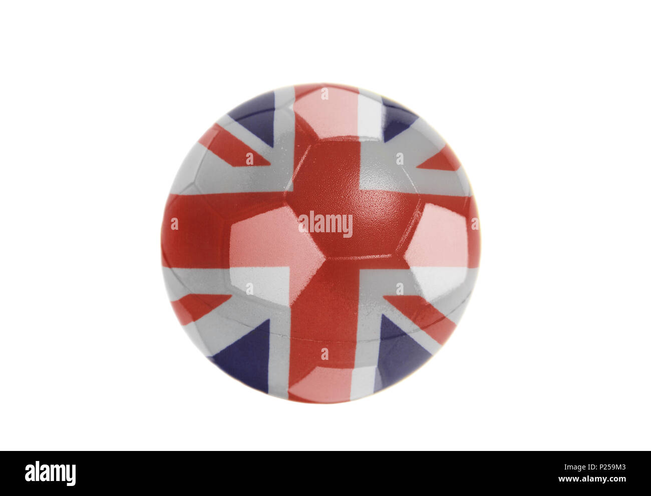 Britische Flagge auf Fußball isoliert auf weißem Hintergrund Stockfoto