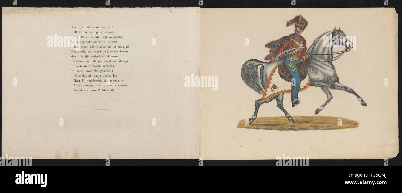 . Seiten 11 und 12 aus De Nieuwe rijschool: een beweegbaar prenteboek met rijmen (1856). Seiten 11 und 12 aus De Nieuwe rijschool (die neue Reitschule) von 1856 Den engen Circus om te Rennen; Zal, op een par-force-jagt Van Englands Adel, Rijk in Pracht, Een roodgerokt Pikeur u Mennen? - Wie weet, wat 't laatst uw viel Zal zijn! Wollen, ach, een Paard mag zelden leeren, Männer ' t in zijn ouderdom wil eeren, 't Komt voor de jaagschuit Aan De Lijn; De Korte haver wordt vergessen, De lange Haver nicht gemeten; Gelukkig, als 't zijn ouden dag Maar bij een boertje slijten mag. - Komt, jongens, zu Stockfoto