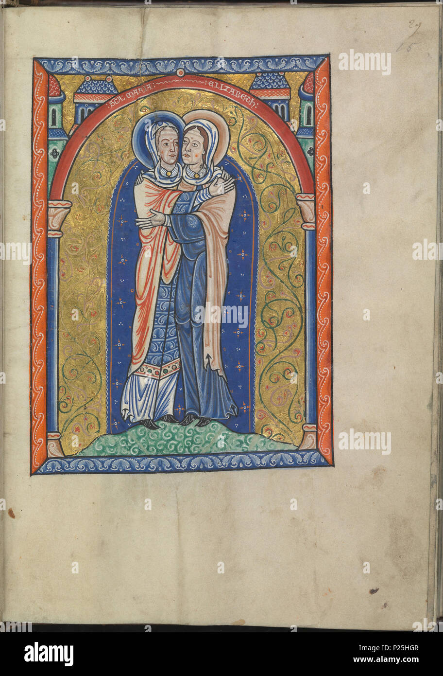 . Englisch: Bilder aus dem Leben von Christus - die Heimsuchung, Maria erfüllt St. Elisabeth - Psalter von Eleonore von Aquitanien (Ca. 1185) - KB 76 F13, Folsäure 015 r Nederlands: Voorstelingen uit het Leven van Christus - Visitatie, Maria ontmoet Elisabeth-Psalter van Eleonora van Aquitanië (Ca. 1185) - KB 76 F13, Folsäure 015 r. Englisch: Folium 015 r aus dem Psalter von Eleonore von Aquitanien (Ca. 1185) aus der Sammlung der Nationalbibliothek der Niederlande. Die Beleuchtung zeigt Bilder aus dem Leben von Christus - die Heimsuchung, Maria erfüllt St. Elisabeth. Nederlands: Folium 015 r van het Psalter van Stockfoto