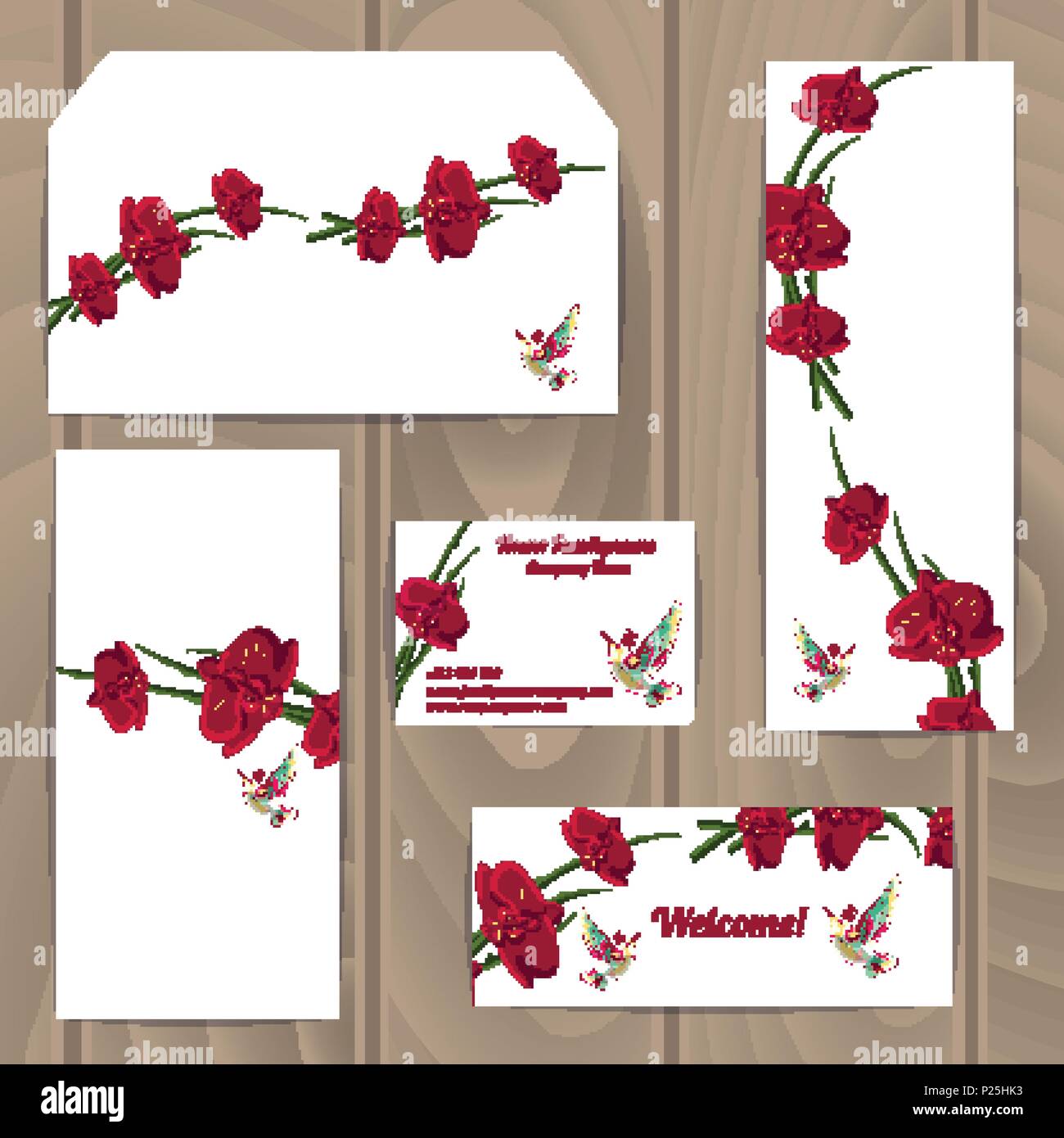 Weiß mit orchideenblüten Corporate Design Vorlagen auf Holz- Hintergrund Stock Vektor