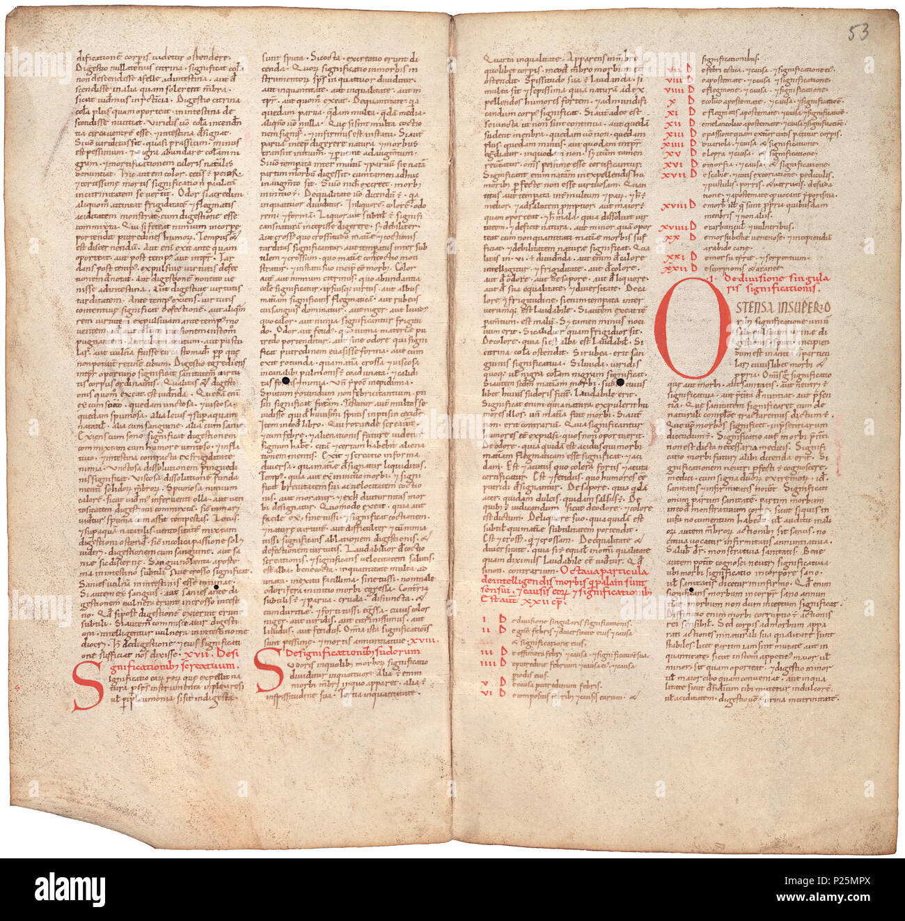 . Pantegni pars prima theorica (lib. I-X) - FOLIOS 052 V (links) und 053 r (rechts). Linken seite Folio 052 V; rechte Seite Folio 053 r aus dem 11. Jahrhundert Kopie des Liber pantegni. Dies ist die früheste bekannte Kopie (vor 1086) des Liber pantegni, am Monte Cassino unter der Leitung von Konstantin der Afrikanischen gemacht. Es widmet sich der Abt Desiderius von Monte Cassino (1027-1087), bevor er Papst wurde Victor III. Hintergrund Informationen in niederländischer und in englischer Sprache. . Konstantin der Afrikanischen (Ca. 1010-1098/9) 176 Liber pantegni-KB 73 J 6-Folios 052 V (links) und 053 r (rechts) Stockfoto