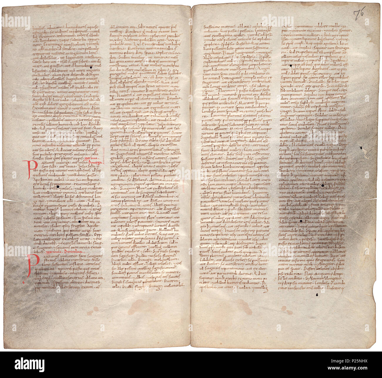 . Pantegni pars prima theorica (lib. I-X) - FOLIOS 075 V (links) und 076 r (rechts). Linken seite Folio 075 V; rechte Seite Folio 076 r aus dem 11. Jahrhundert Kopie des Liber pantegni. Dies ist die früheste bekannte Kopie (vor 1086) des Liber pantegni, am Monte Cassino unter der Leitung von Konstantin der Afrikanischen gemacht. Es widmet sich der Abt Desiderius von Monte Cassino (1027-1087), bevor er Papst wurde Victor III. Hintergrund Informationen in niederländischer und in englischer Sprache. . Konstantin der Afrikanischen (Ca. 1010-1098/9) 176 Liber pantegni-KB 73 J 6-Folios 075 V (links) und 076 r (rechts) Stockfoto