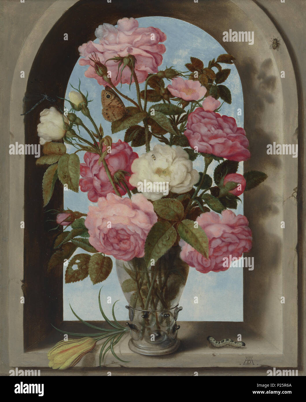 Stillleben mit Rosen in einer Glasvase. Englisch: Stillleben mit Rosen in  ein Glas VaseAmbrosius Bosschaert dem Älteren (Niederländisch, 1573-1621)  über 1619 Öl auf Kupfer Rose-Marie und Eijk Van Otterloo Collection Courtesy