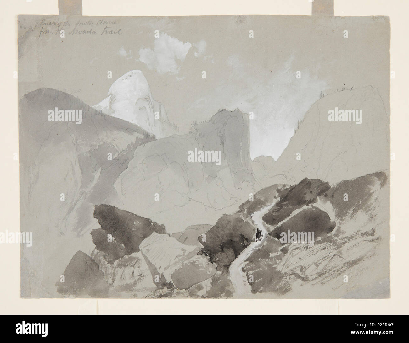 . Englisch: Zeichnung, Rückseite der Süden Dome von der Nevada Trail, Yosemite, 1891. Englisch: Horizontale Blick auf die Drei Zinnen im Mittelfeld mit schneebedeckten Dome im linken Hintergrund. Ein Reiter auf einem Wanderweg durch ein robustes Vorgebirge Vordergrund gesehen. Verso: Blick auf einen schneebedeckten Berg im linken Hintergrund; eine felsige Gipfel ist rechts im Vordergrund. . 1891 99 Zeichnung, Rückseite der Süden Dome von der Nevada Trail, Yosemite, 1891 (CH) 18189917 Stockfoto