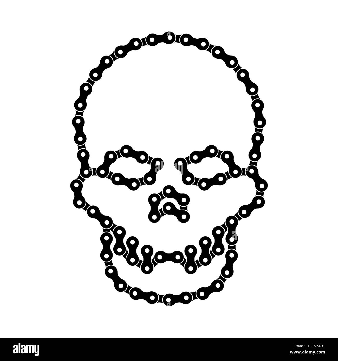 Menschlichen Schädel aus Bike oder Fahrrad Kette. Schädel oder Death Head Symbol. Schwarz Monochrome Fahrradkette Schädel für Grafikdesign, Webbanner, soziale Mich Stockfoto