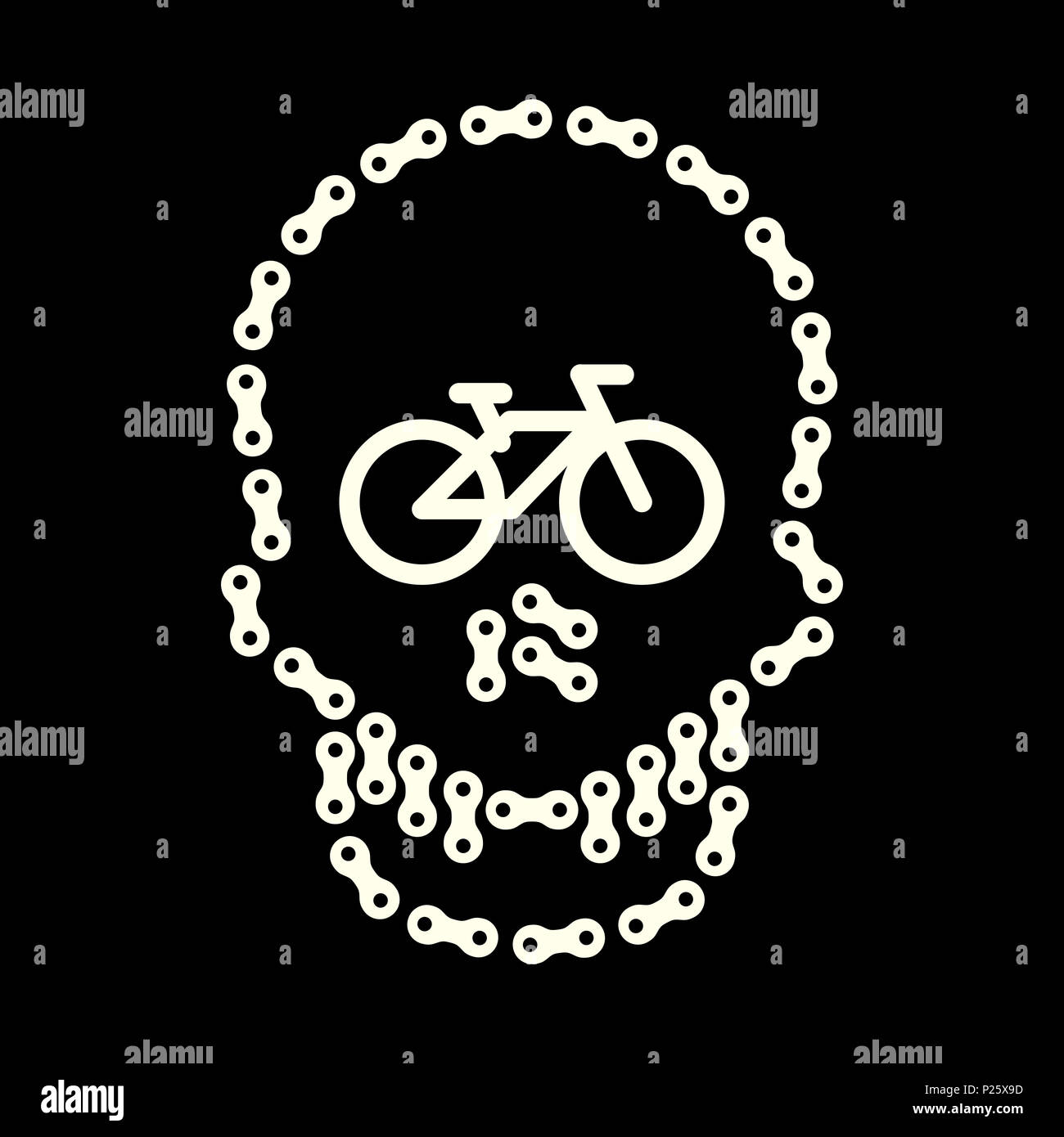 Menschlichen Schädel aus Bike oder Fahrrad Kette. Schädel und Bike - Symbol. Ich liebe Radfahren Konzept. White Monochrome Fahrradkette Schädel isoliert auf schwarzem Hintergrund Stockfoto