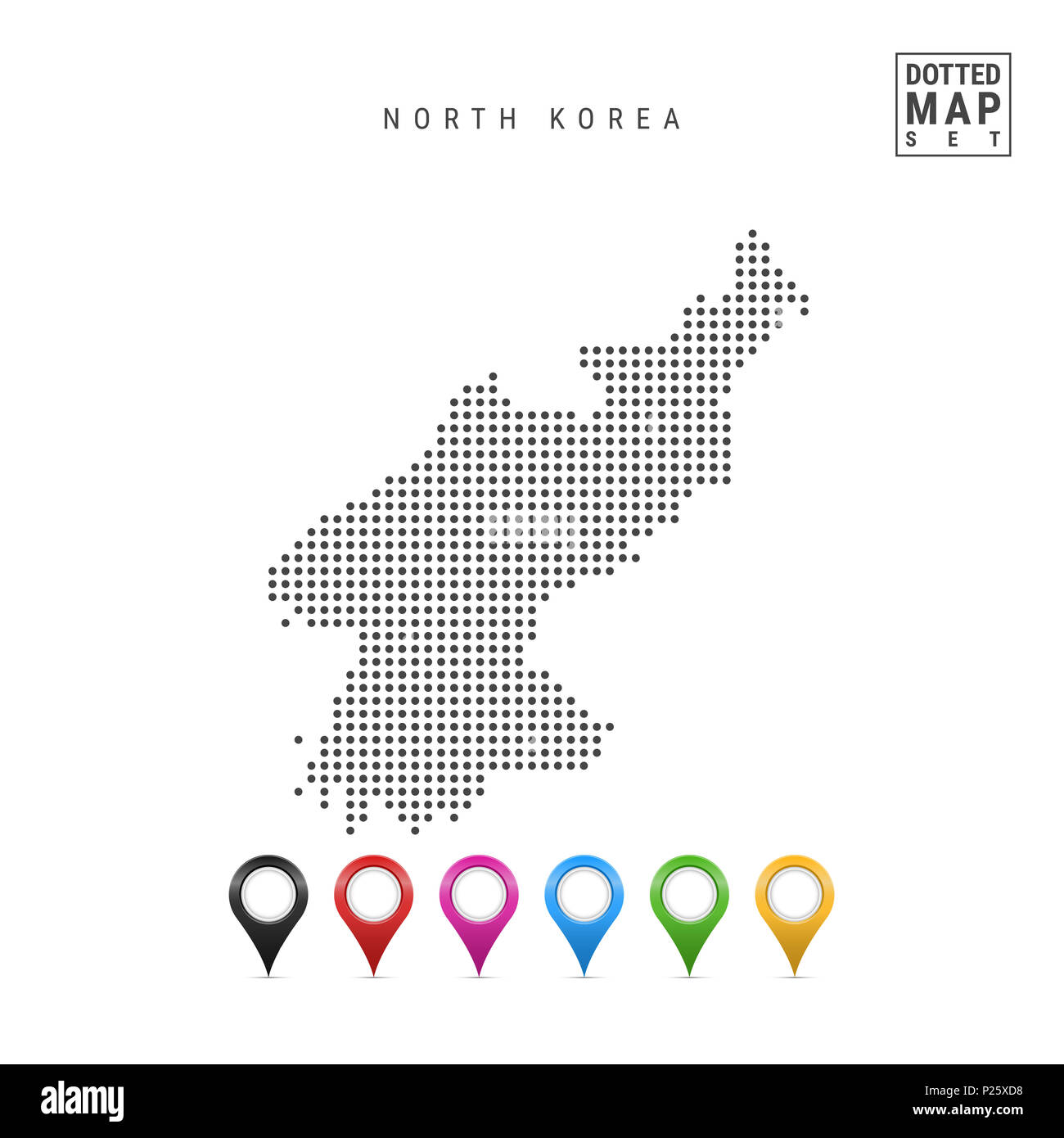 Gepunktete Karte von Nordkorea. Einfache Silhouette von Nordkorea. Eingestellt von bunten Karte Markierungen. Abbildung isoliert auf weißem Hintergrund. Stockfoto