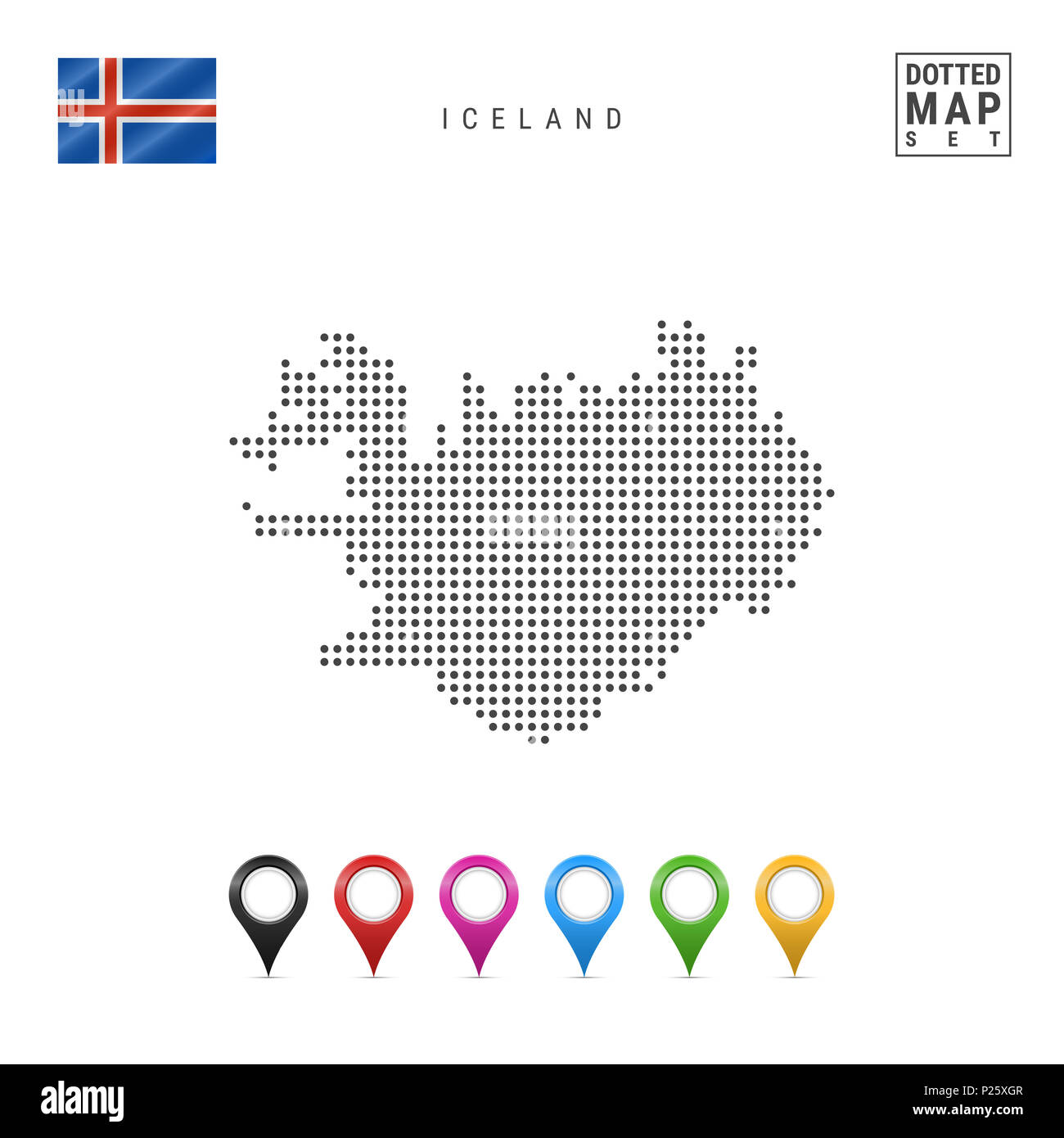 Gepunktete Karte von Island. Einfache Silhouette Island. Die Nationalflagge von Island. Eingestellt von bunten Karte Markierungen. Abbildung isoliert auf weißem Bac Stockfoto