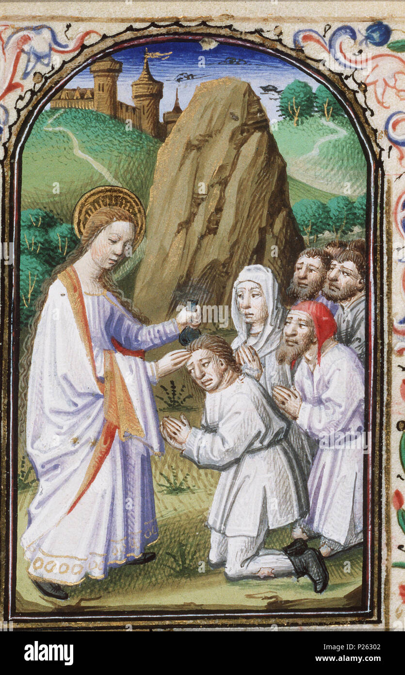 . St. Genevieve Paris Salbung die Gläubigen - Miniatur aus Folio 015 vfrom Stundenbuch von Simon de Varie-KB74G 37a. St. Genevieve Paris Salbung die Gläubigen - Miniatur aus Folio 015v aus dem Buch von Simon de Varie-KB74G 37a Themen in dieser Miniatur nicht dargestellt - wundersame Aktivitäten und VeranstaltungenSt Genevieve (11 HH (Genevieve) 4) Der Gläubige (11q11) Segen (entweder von Dingen oder Personen), z.b. durch Salbung (11Q7562) Diese Miniatur ist Teil von Folio 015v. 1455 296 St. Genevieve Paris Salbung die Gläubigen - das Buch der Stunden Simon de Varie-KB74G 37a - 01 Stockfoto