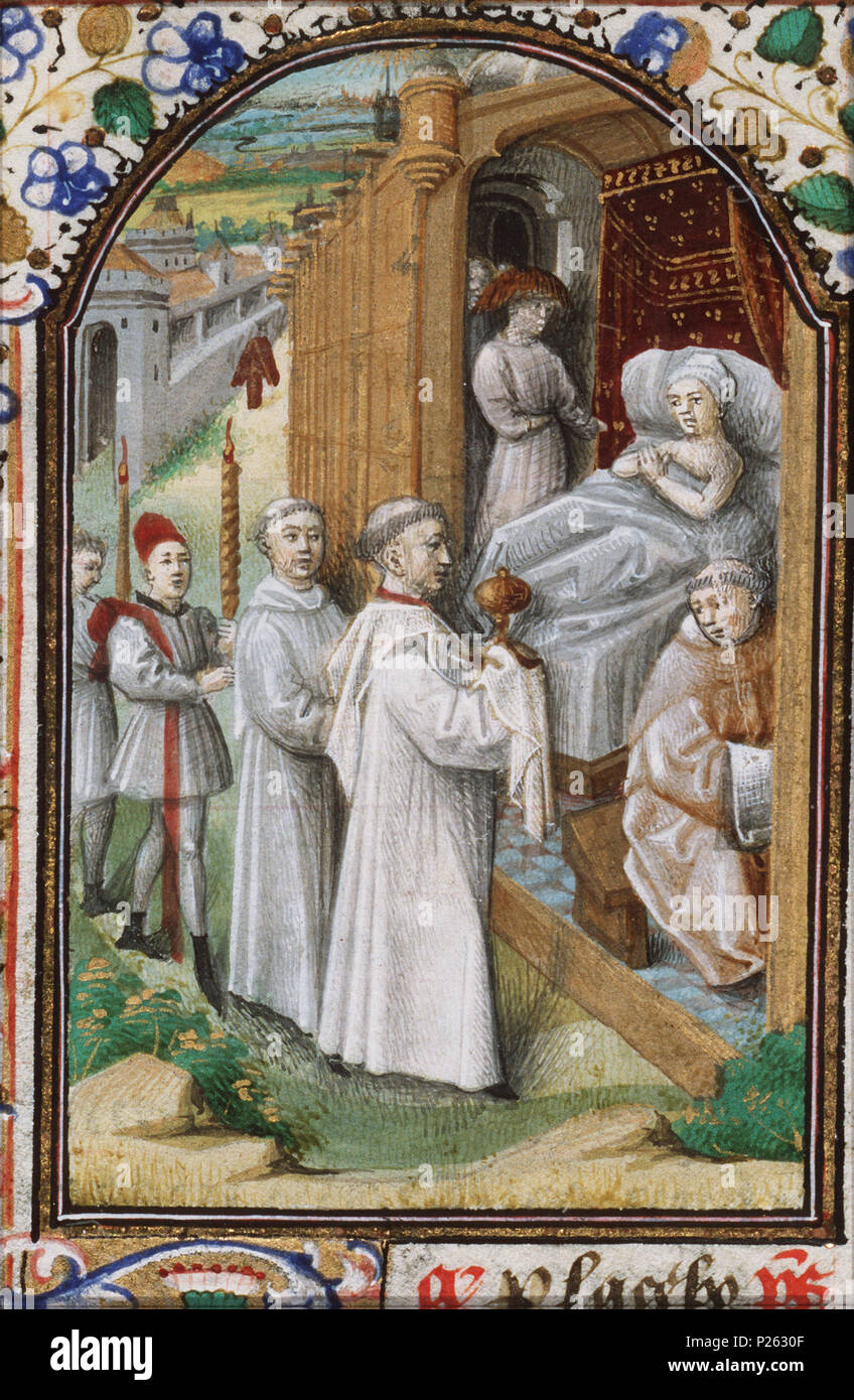 . Ein Priester auf dem Weg zu einer sterbenden Person, die letzte Ölung - Miniatur aus Folio 037 rfrom Stundenbuch von Simon de Varie-KB74G 37a verwalten. Ein Priester auf dem Weg zu einem Sterbenden die letzte Ölung - Miniatur aus Folio 037 r aus dem Buch von Simon de Varie-KB74G 37a Themen in dieser Miniatur Priester dargestellt auf dem Weg zu einer sterbenden Person letzte Ölung (11Q 73271) Diese Miniatur ist Teil von Folio 037 r zu verwalten. 1455 4 ein Priester auf dem Weg zu einem Sterbenden die letzte Ölung zu verwalten - das Buch der Stunden Simon de Varie-KB74G 37a - 037 r min. Stockfoto