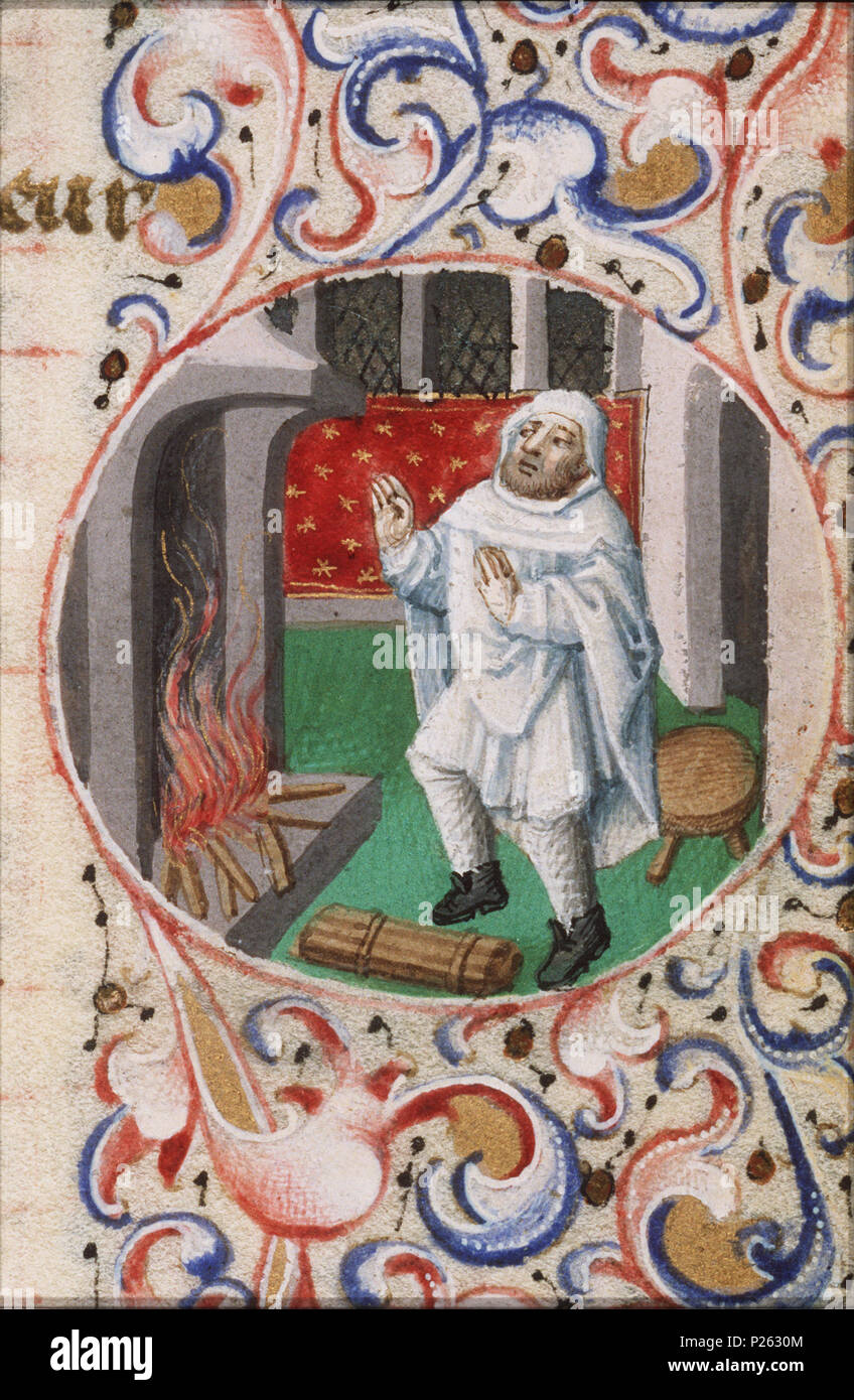 . Februar - ein Mann wärmte sich an einem Feuer - Miniatur aus Folio 089 rfrom Stundenbuch von Simon de Varie-KB74G 37a. Februar - ein Mann wärmte sich an einem Feuer - Miniatur aus Folio 089 r aus dem Buch von Simon de Varie-KB74G 37a Themen in dieser Miniatur Februar dargestellt und seine 'Arbeit' (23 K 12) wärmen sich an einem Feuer (oder Ofen, Herd, Feuer-pan, brazier) (41 B 211) Diese Miniatur ist Teil von Folio 089 r. 1455 123 Februar - ein Mann wärmte sich an einem Feuer-Buch von Stunden Simon de Varie-KB74G 37a - 089 r det randv 1. Stockfoto