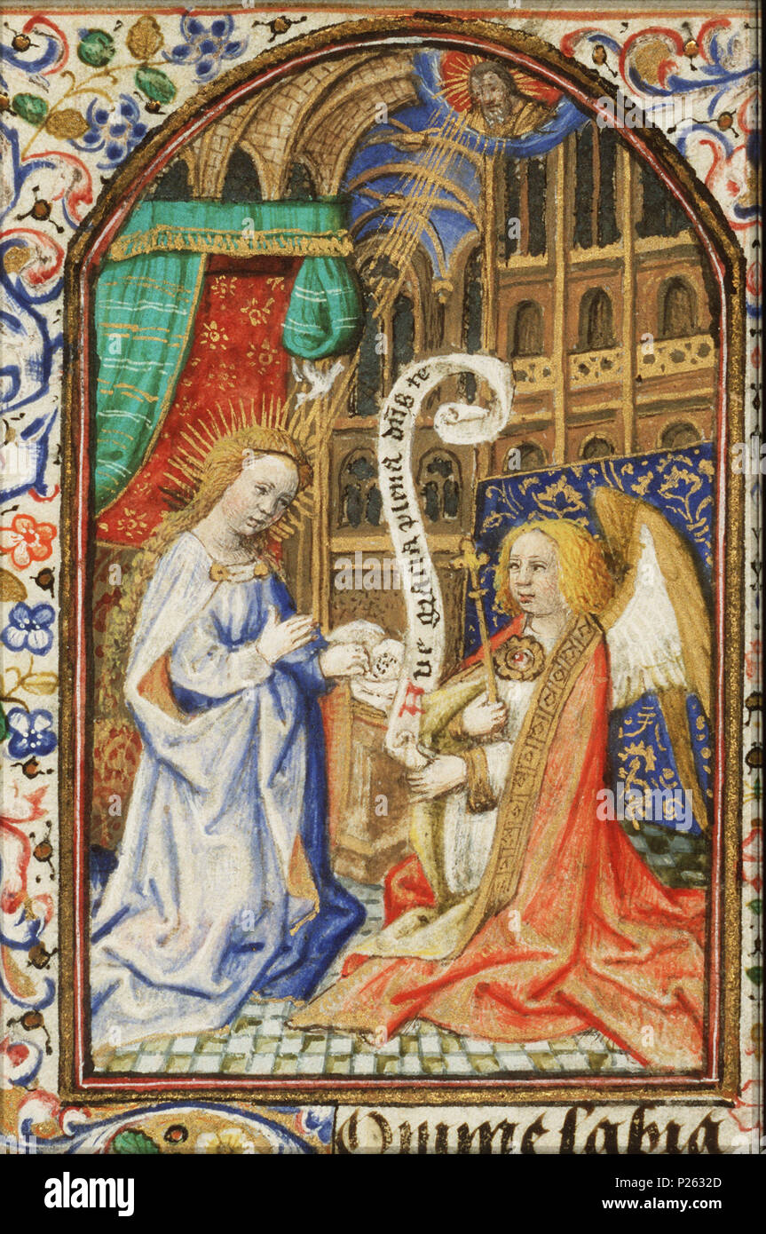 . Die Verkündigung - Gabriel kündigt die Geburt Christi mit Maria - Miniatur aus Folio 025 rfrom Stundenbuch von Simon de Varie-KB 74 G 37. Die Verkündigung - Gabriel kündigt die Geburt Christi mit Maria - Miniatur aus Folio 025 r aus dem Buch von Simon de Varie-KB 74 G 37 Themen in dieser Miniatur dargestellt, Gott der Vater, als bärtigen alten Mann, in der Regel mit Krone oder Tiara oder Zepter und/oder Globe (11 C 23) Heilige Geist wie eine Taube (In Flames) (11E1) Codex-ll-Codex öffnen (49 LL 72) Rednerpult lesen (49 N21) Der Verkündigung: Maria stehend-aa-Maria auf der linken Seite, der Engel den Stockfoto