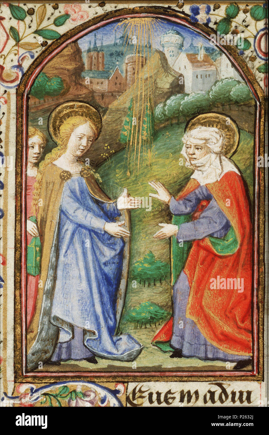 . Die Visitation - Maria, das von der Magd, die ein Buch begleitet, trifft St. Elisabeth - Miniatur aus Folio 053 rfrom Stundenbuch von Simon de Varie-KB 74 G 37. Die Visitation - Maria, das von der Magd, die ein Buch begleitet, trifft St. Elisabeth - Miniatur aus Folio 053 r aus dem Buch von Simon de Varie-KB 74 G 37 Themen in dieser Miniatur Maid Haus Personal dargestellt (42F51) Codex (49 L 72) Maria Elisabeth, salutierte, kniet vor ihr (73A624) Diese Miniatur ist Teil von Folio 053 r. 1455 305 Die Visitation - Maria, das von der Magd, die ein Buch begleitet, trifft St. Elisabeth - Stockfoto