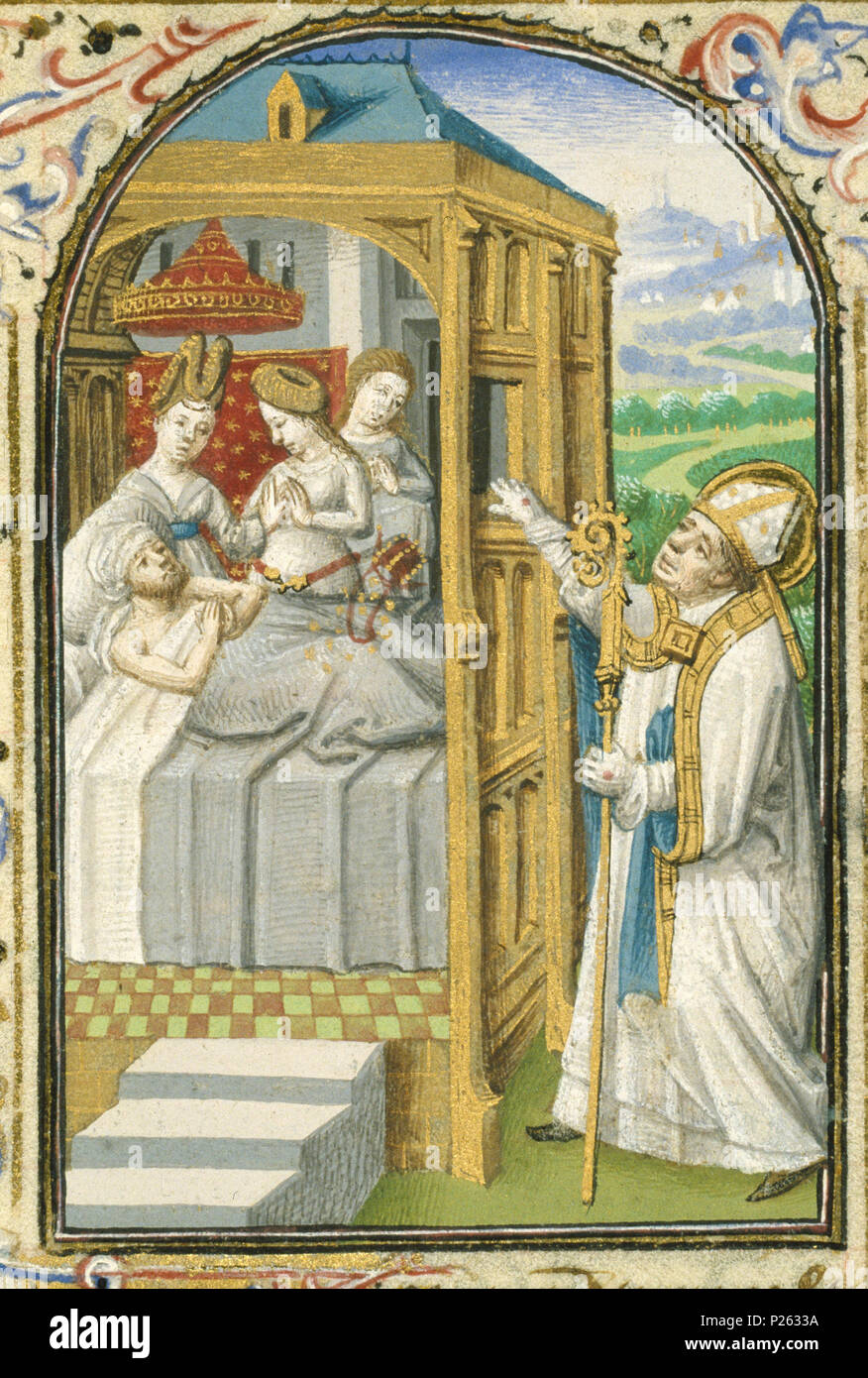 . St. Nikolaus, Bischof von Myra, gibt heimlich Aussteuer zu drei armen Mädchen - Miniatur aus Folio 084 rfrom Stundenbuch von Simon de Varie-KB 74 G 37. St. Nikolaus, Bischof von Myra, gibt heimlich Aussteuer zu drei armen Mädchen - Miniatur aus Folio 084 r aus dem Buch von Simon de Varie-KB 74 G 37 Themen in dieser Miniatur die Nächstenliebe der Nikolaus dargestellt: (als Bürger gekleidet) wirft er drei goldene Kugeln (oder Geldbeutel) durch die Fenster des Hauses eines armen Edelmann; er verhindert damit Töchter der drei Adligen, die da weinten oder schlafend dargestellt, von Prostitution (11 H (NICHOL Stockfoto