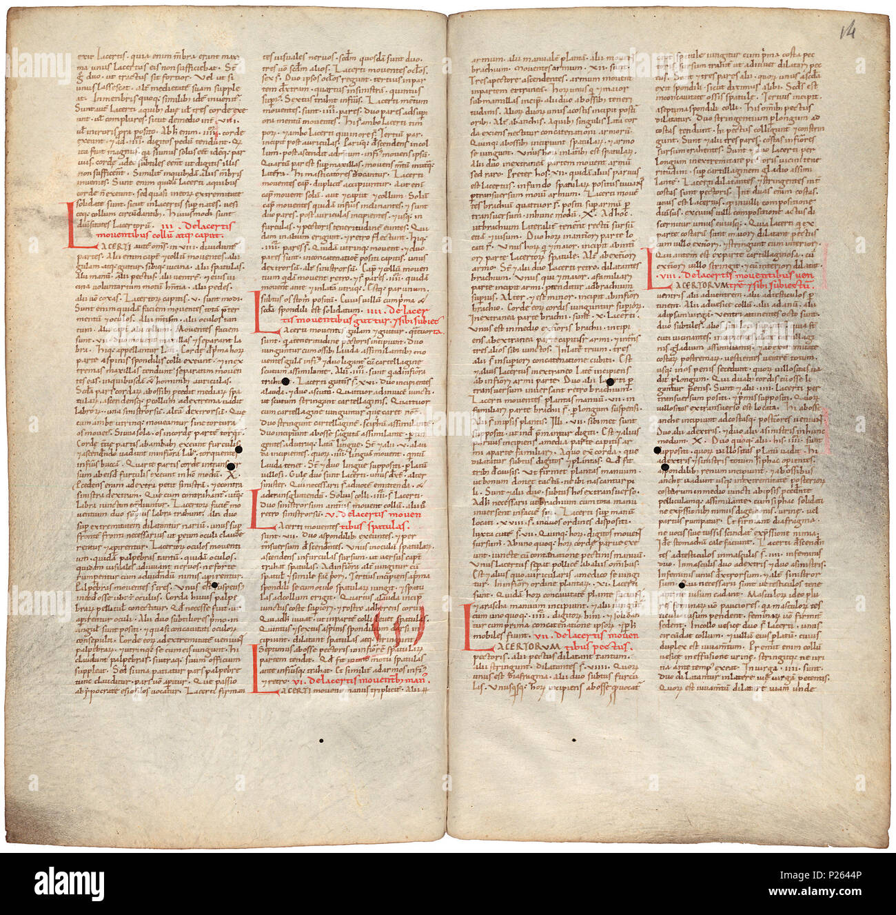 . Pantegni pars prima theorica (lib. I-X) - FOLIOS 013 V (links) und 014 r (rechts). Linken seite Folio 013 V; rechte Seite Folio 014 r aus dem 11. Jahrhundert Kopie des Liber pantegni. Dies ist die früheste bekannte Kopie (vor 1086) des Liber pantegni, am Monte Cassino unter der Leitung von Konstantin der Afrikanischen gemacht. Es widmet sich der Abt Desiderius von Monte Cassino (1027-1087), bevor er Papst wurde Victor III. Hintergrund Informationen in niederländischer und in englischer Sprache. . Konstantin der Afrikanischen (Ca. 1010-1098/9) 175 Liber pantegni-KB 73 J 6-Folios 013 V (links) und 014 r (rechts) Stockfoto