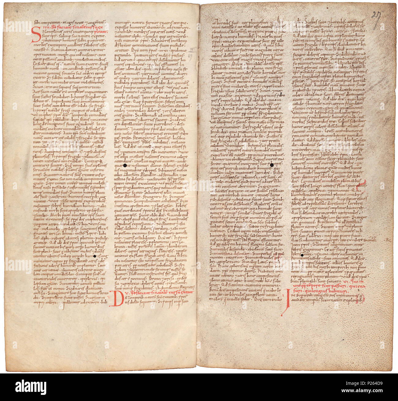 . Pantegni pars prima theorica (lib. I-X) - FOLIOS 026 V (links) und 027 r (rechts). Linken seite Folio 026 V; rechte Seite Folio 027r aus dem 11. Jahrhundert Kopie des Liber pantegni. Dies ist die früheste bekannte Kopie (vor 1086) des Liber pantegni, am Monte Cassino unter der Leitung von Konstantin der Afrikanischen gemacht. Es widmet sich der Abt Desiderius von Monte Cassino (1027-1087), bevor er Papst wurde Victor III. Hintergrund Informationen in niederländischer und in englischer Sprache. . Konstantin der Afrikanischen (Ca. 1010-1098/9) 175 Liber pantegni-KB 73 J 6-Folios 026 V (links) und 027 r (rechts) Stockfoto