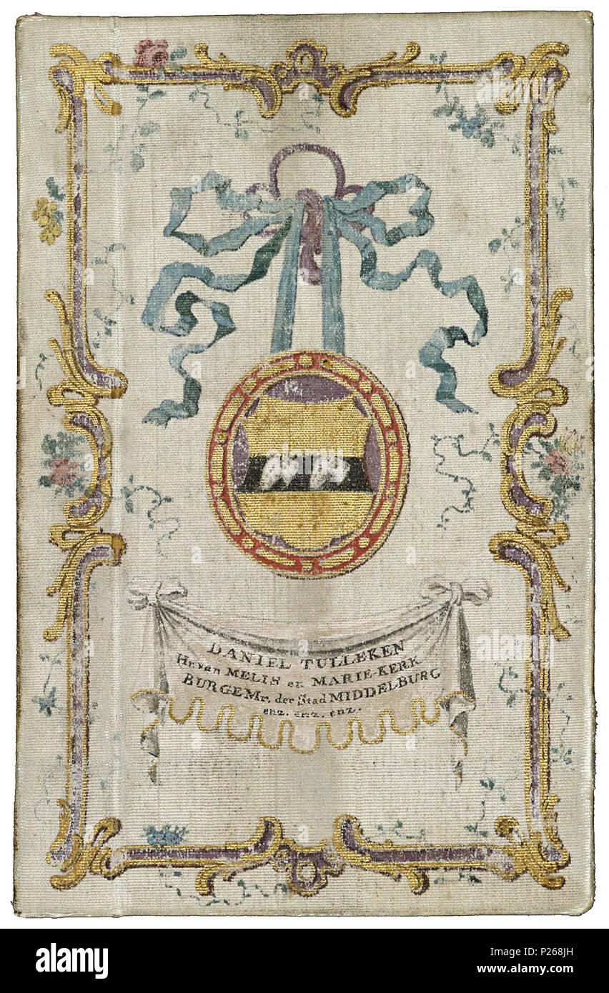 . Band van lichtgrijze ribzijde. Nederlands: Tabletten: Het boek der Psalmen, gezangen Nevens de... Te Middelburg, Bij Gabriel Clement, Hendrik Sas, M: van Sevenhoven, Jan Dane [u. a.], 1776. 12 Mo. (Exemplaar met getekende opdracht, ontworpen door J. Dane en uitgevörd Tür J. Arends, waaromheen Putti met de wapensvan Tulleken, zijn heerlijkheden, Zeeland en Middelburg en verschiedenen Objecten behorende tot de boekdruk - von bindkunst en de Text 'DOOR / DRUK/GELUK'en HOUD 'DOOR/Band/STAND"). . 1776; 28 Band van lichtgrijze ribzijde - KONB 12-144 F8 Stockfoto
