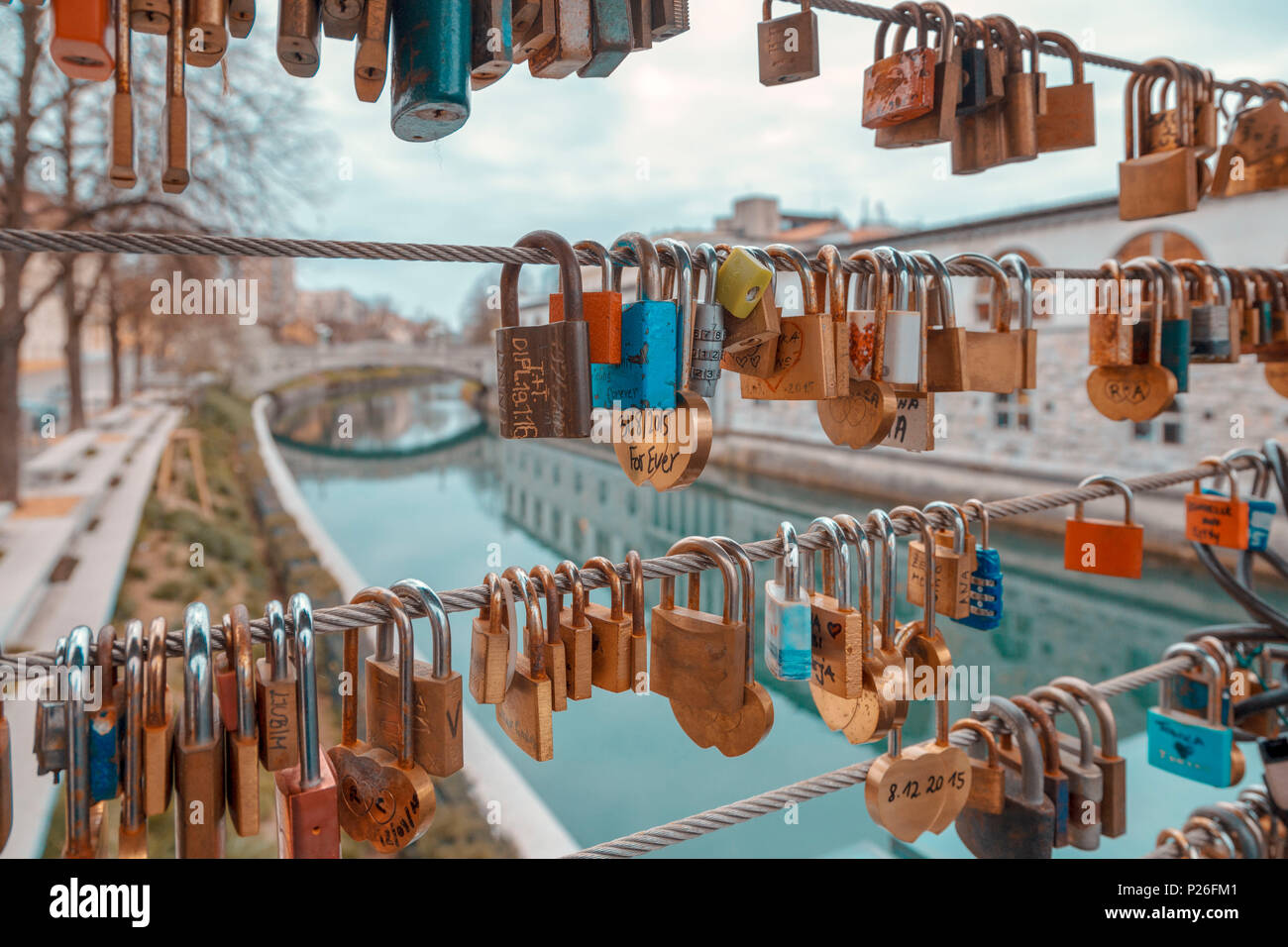 Liebe Vorhängeschlösser auf dem Metzger "Bridge, Ljubljana, Slowenien, Europa Stockfoto