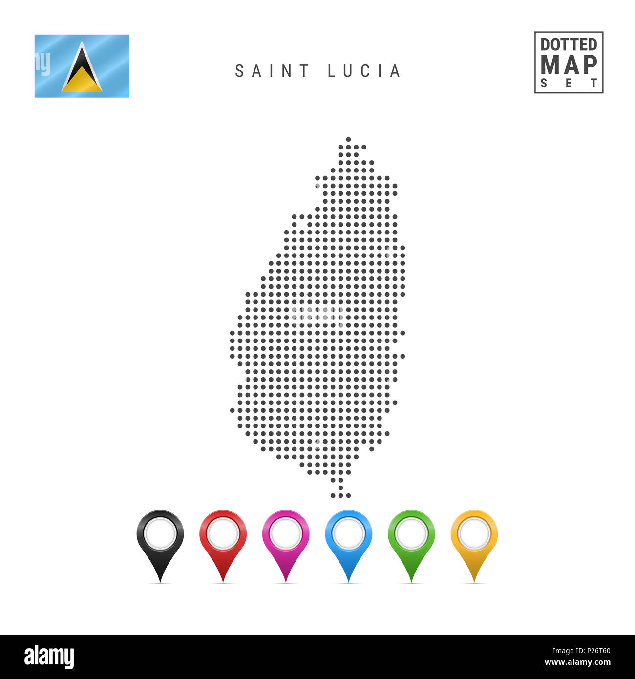 Gepunktete Karte von Saint Lucia. Einfache Silhouette von Saint Lucia. Die Nationalflagge von Saint Lucia. Eingestellt von bunten Karte Markierungen. Abbildung isoliert Stockfoto