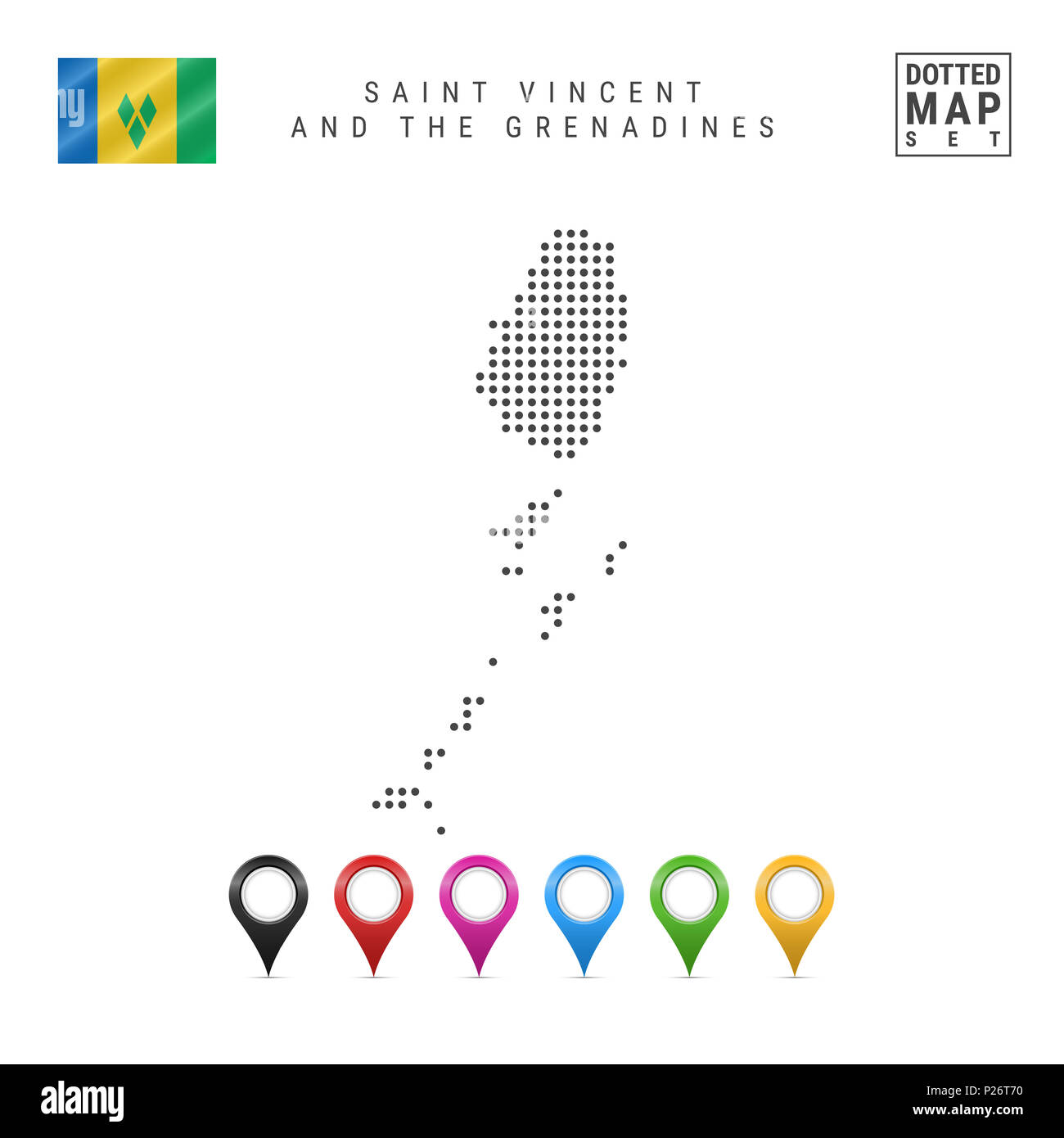 Gepunktete Karte von Saint Vincent und die Grenadinen. Einfache Silhouette von St. Vincent und den Grenadinen. Flagge von Saint Vincent und die Grenadinen. Karte M Stockfoto