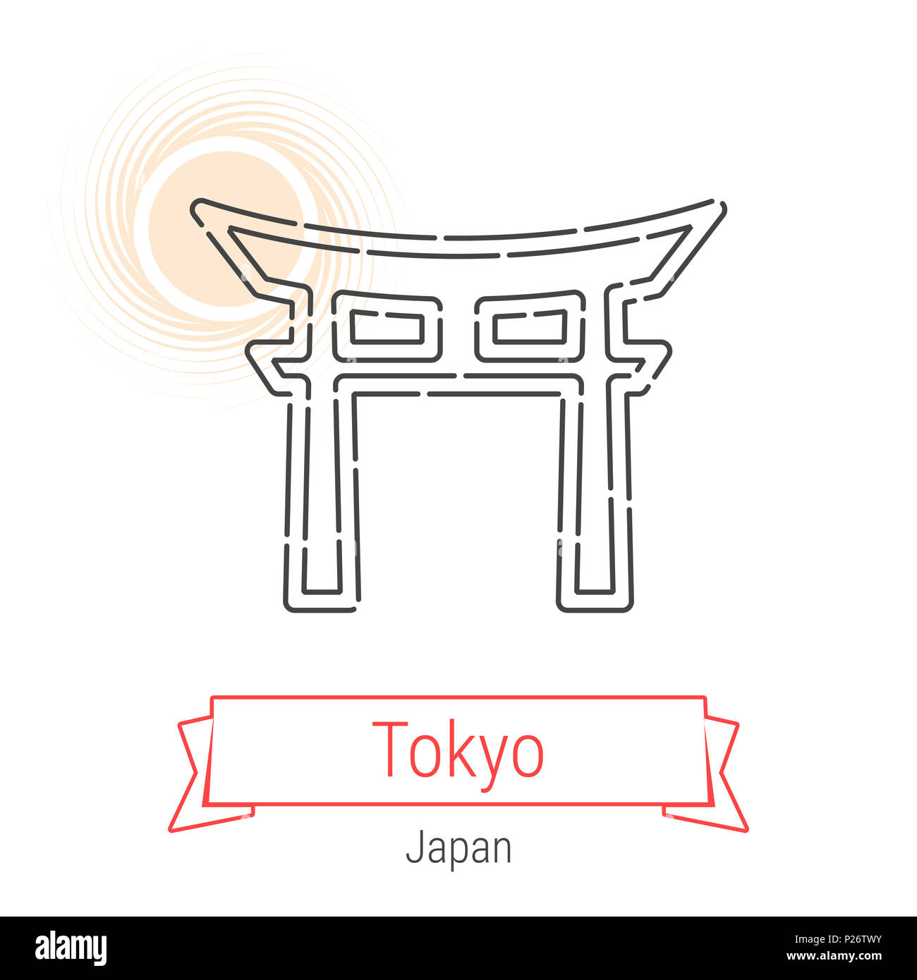 Tokio, Japan Line Symbol mit rotem Band isoliert auf Weiss. Tokio Wahrzeichen - Emblem - Drucken - Label - Symbol. Torii-tor Piktogramm. Städten der Welt sammeln Stockfoto