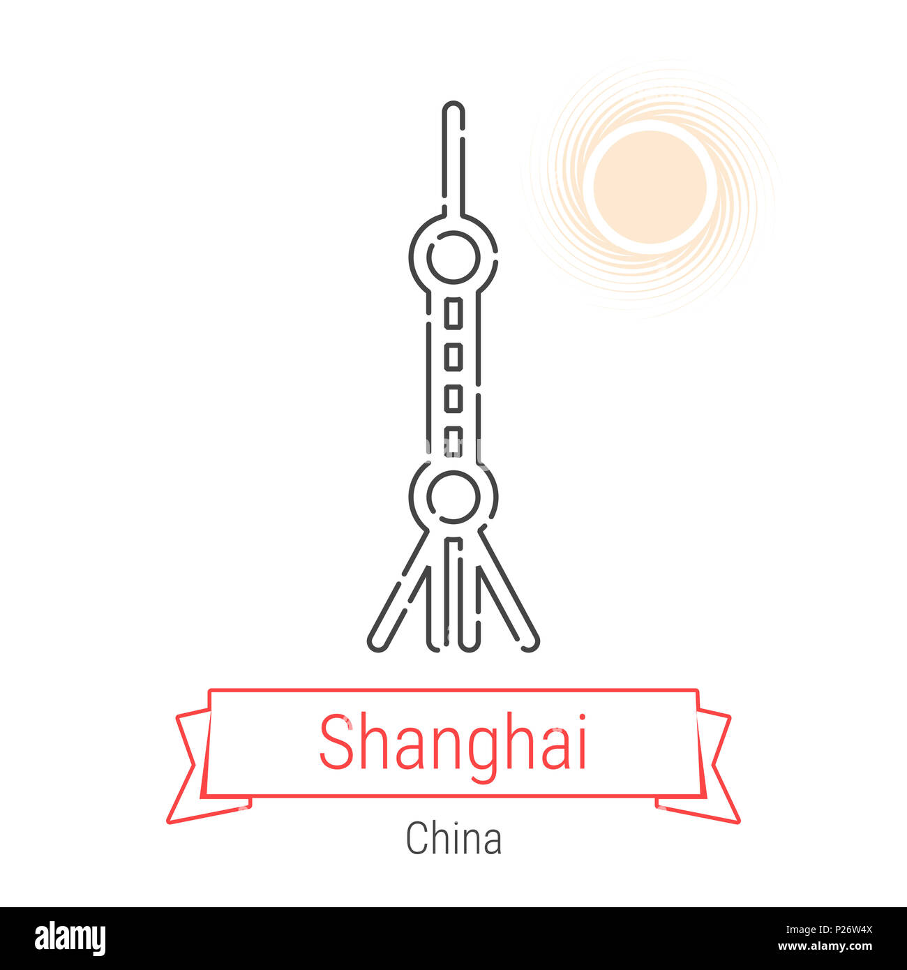 Shanghai, China Symbol Leitung mit roter Schleife isoliert auf Weiss. Shanghai Landmark-Emblem-Drucken-Beschriften-Symbol. Shanghai Fernsehturm Piktogramm. Welt C Stockfoto
