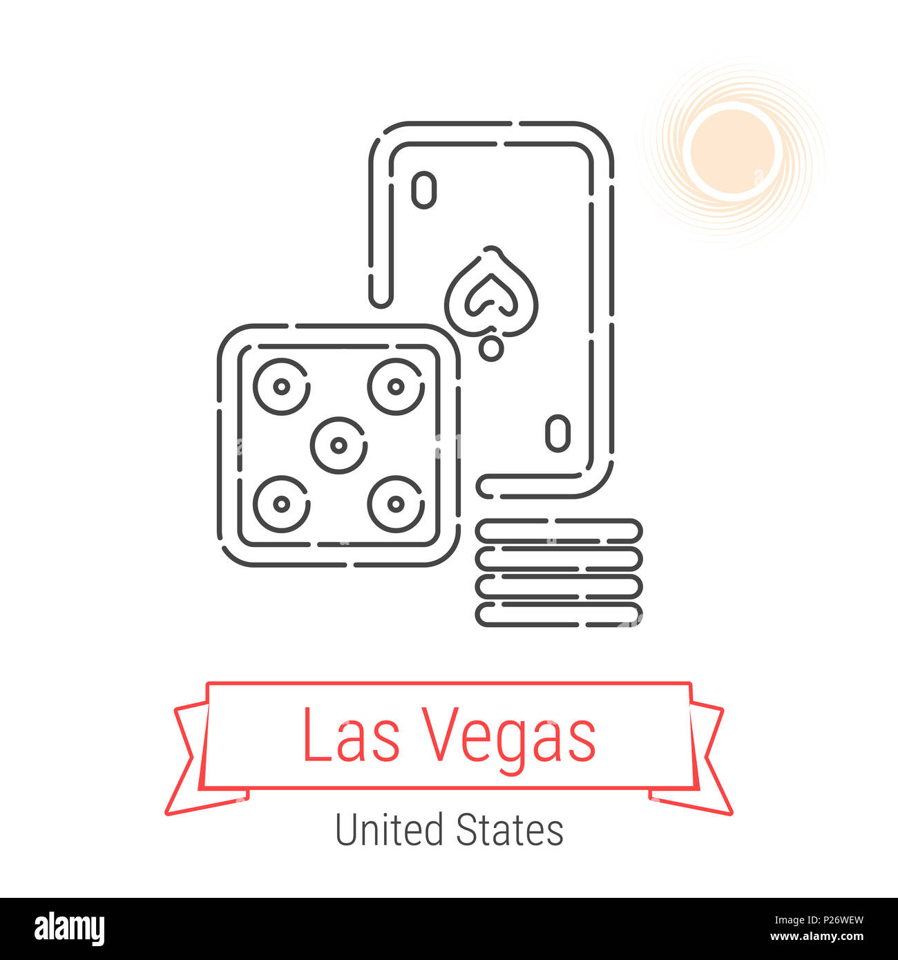 Las Vegas, United States Line Symbol mit rotem Band isoliert auf Weiss. Las Vegas Sehenswürdigkeiten-Emblem-Drucken-Beschriften-Symbol. Casino, Spiele der Wahrscheinlichkeit Pi Stockfoto