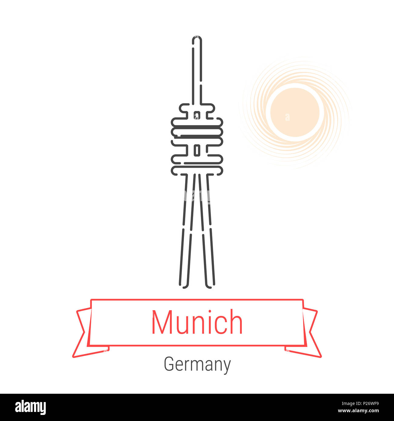 München, Deutschland Symbol Leitung mit roter Schleife isoliert auf Weiss. Münchener Wahrzeichen - Emblem - Drucken - Label - Symbol. München Fernsehturm Piktogramm. Welt Stadt Stockfoto