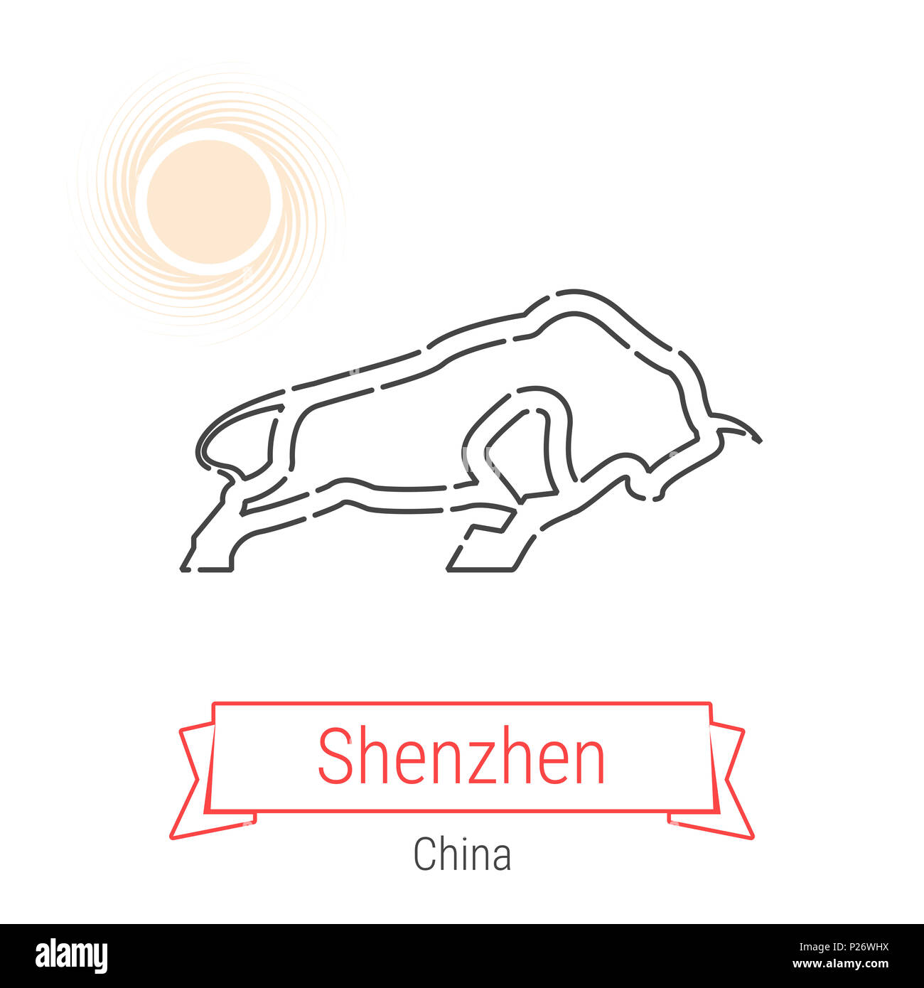 Shenzhen, China Symbol Leitung mit roter Schleife isoliert auf Weiss. Shenzhen Sehenswürdigkeiten-Emblem-Drucken-Beschriften-Symbol. Charging Bull Statue Piktogramm. Worl Stockfoto