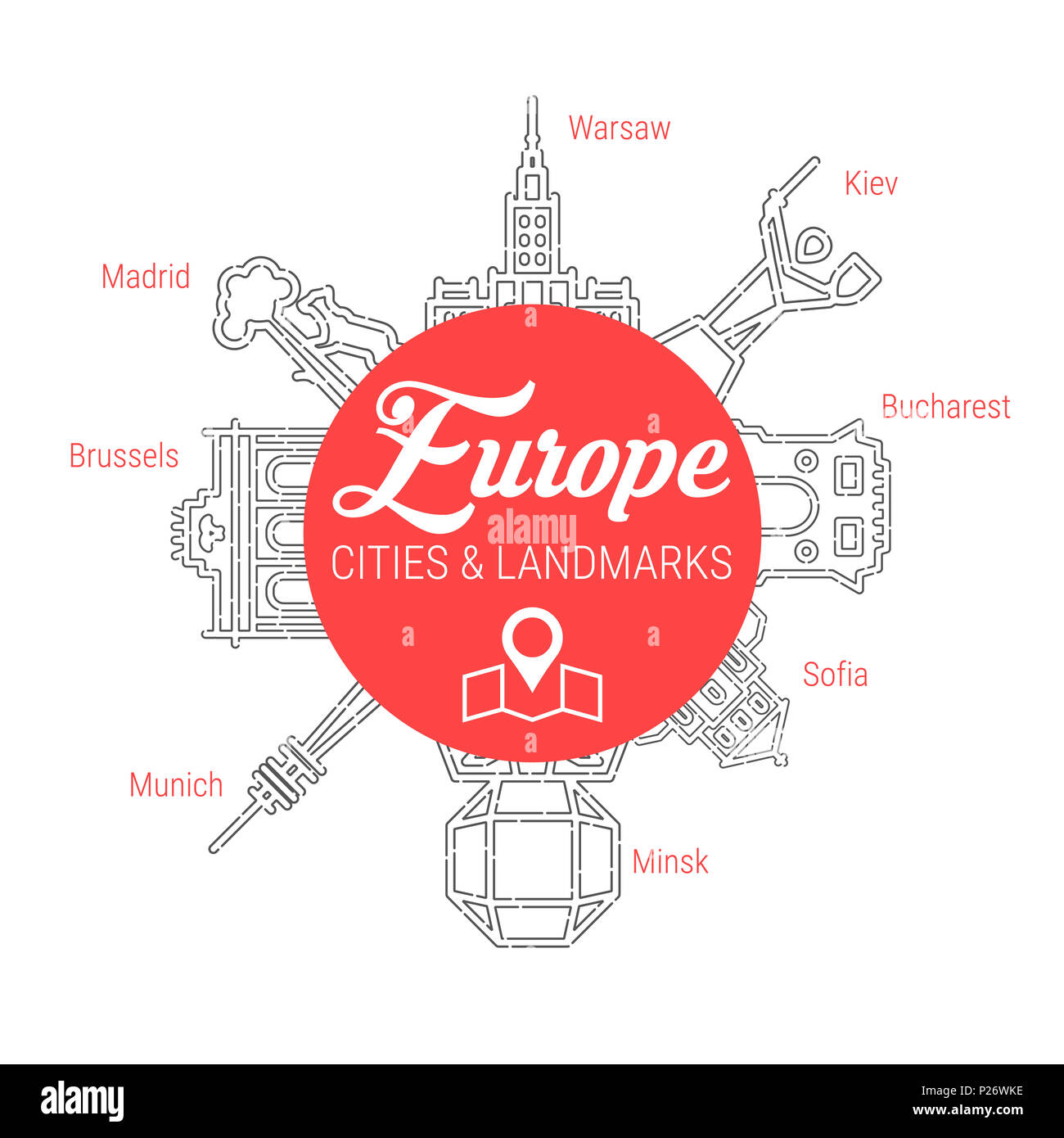 Berühmte europäische Städte - Orte - Sehenswürdigkeiten - Sehenswürdigkeiten - Sehenswürdigkeiten - Löwen. Symbol Leitung festgelegt. Reise und Tourismus Hintergrund. Stockfoto