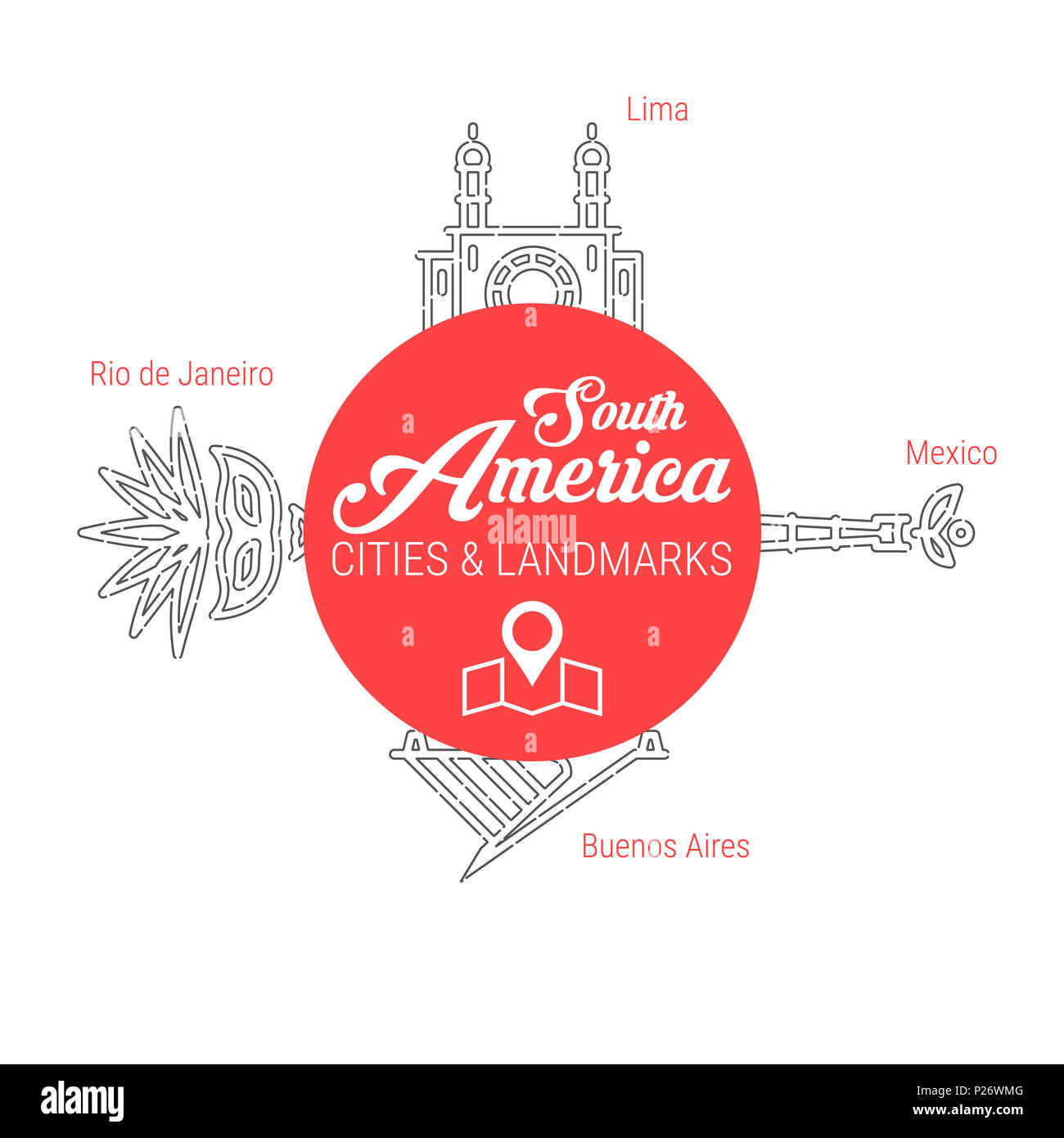 Berühmten südamerikanischen Städten - Sehenswürdigkeiten - Sehenswürdigkeiten - Sehenswürdigkeiten - Sehenswürdigkeiten - Löwen. Symbol Leitung festgelegt. Reise und Tourismus Hintergrund. Stockfoto