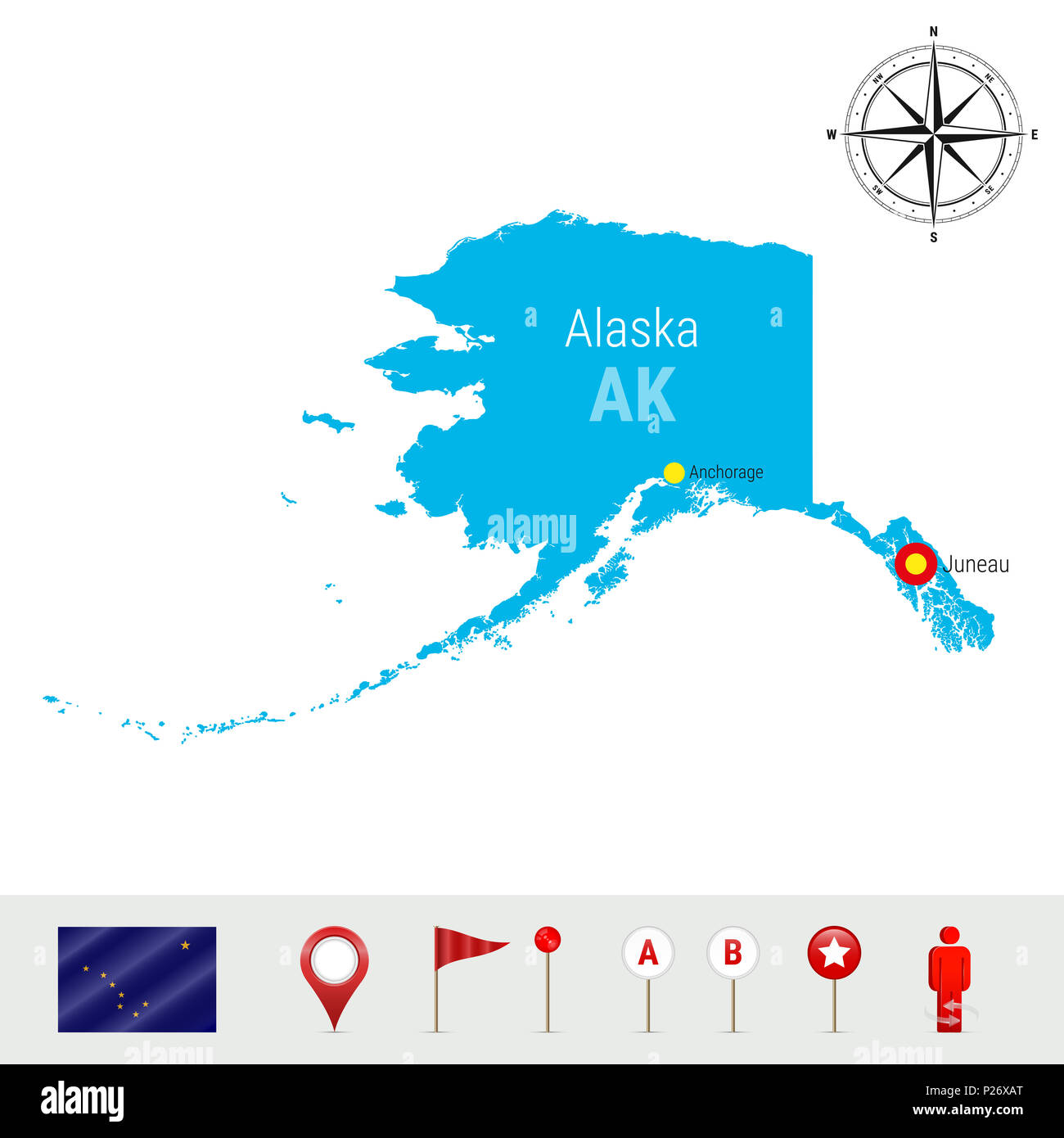 Alaska Karte isoliert auf weißem Hintergrund. High Ausführliche Silhouette von Alaska State. Flagge von Alaska. 3D-Karte, Marker oder Zeiger, Navigationselemente. Ro Stockfoto