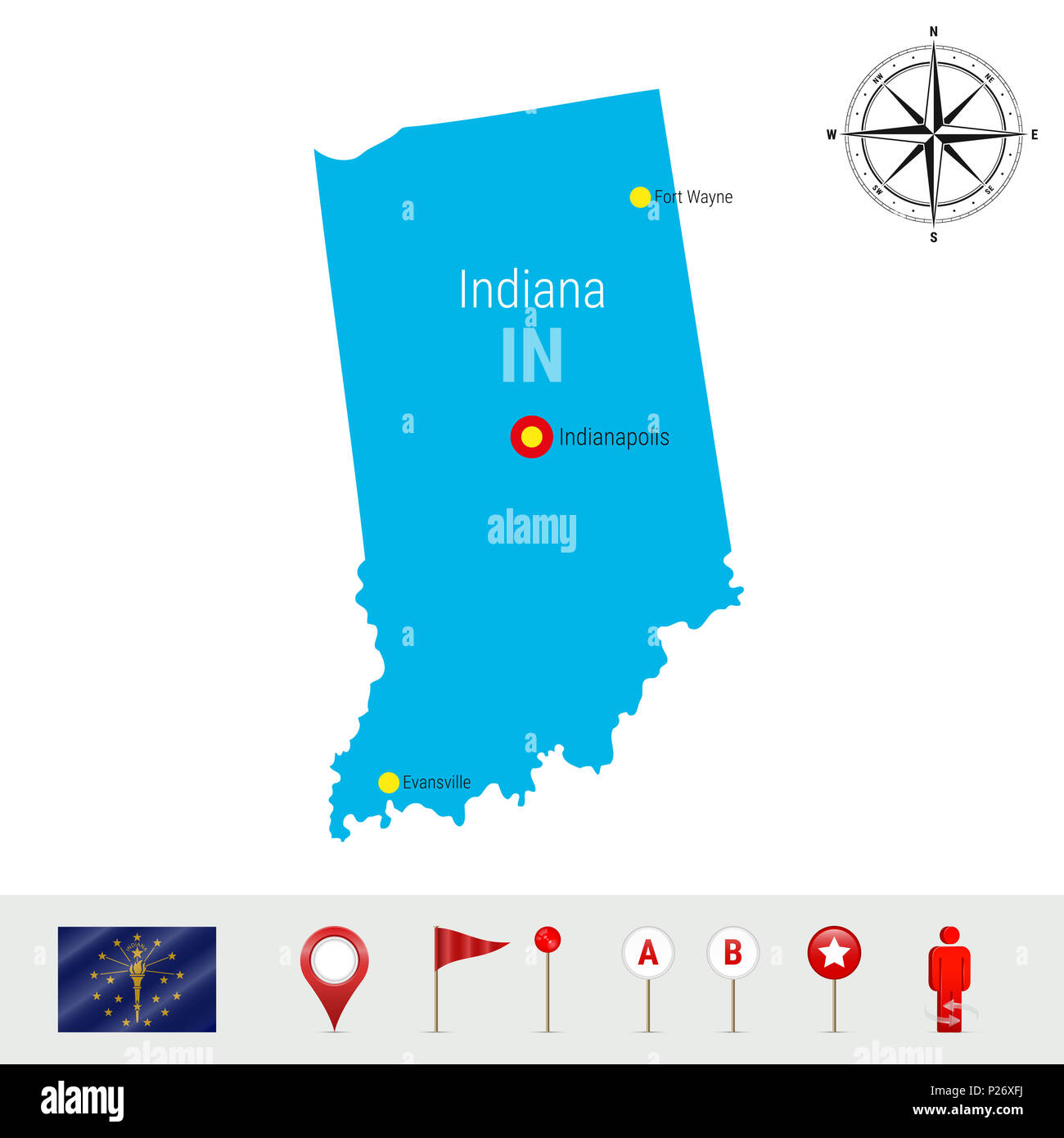 Indiana Karte isoliert auf weißem Hintergrund. High Ausführliche Silhouette von Indiana Zustand. Flagge von Indiana. 3D-Karte, Marker oder Zeiger, Navigationselemente. Stockfoto