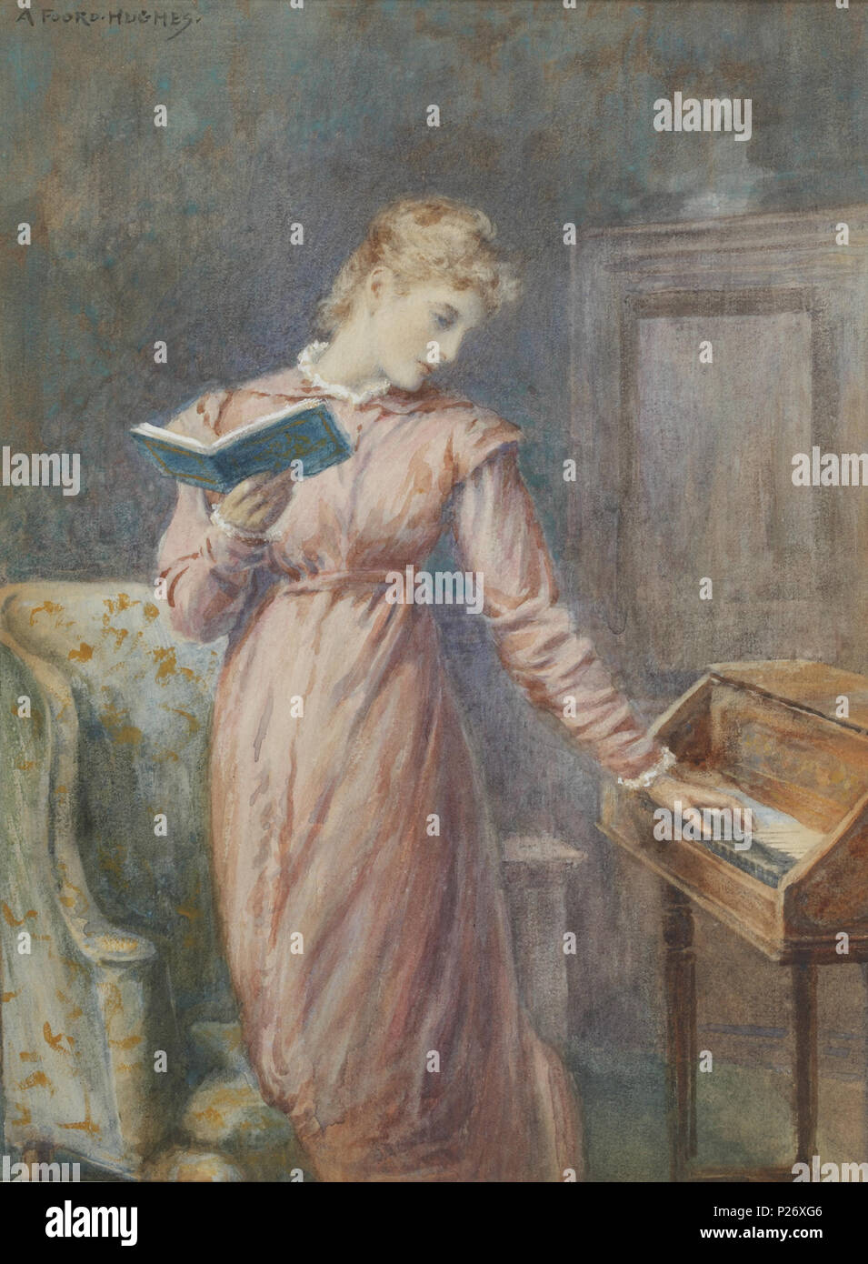 . Eine Dame Lesung beim Spielen auf dem Spinett; unterzeichnete "Foord-Hughes" (oben links); Aquarell erhöhte mit körperfarbe; 32 x 23,5 cm. im Jahr 1914. Arthur Foord Hughes (1856-1914) 22 Arthur Foord Hughes eine Dame Lesung beim Spielen auf dem Spinett Stockfoto