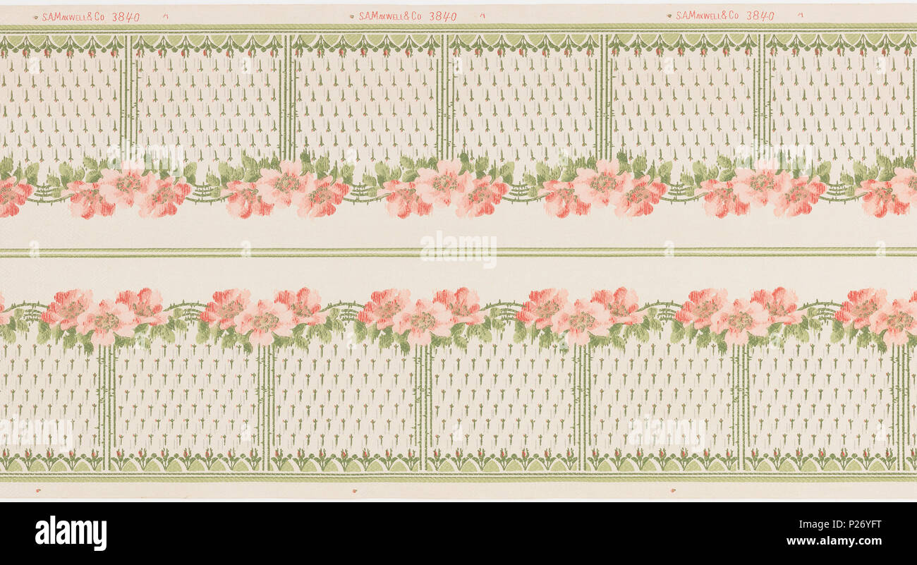 . Englisch: Grenze (USA), Ca. 1915. Englisch: Florale, Gruppierung der drei rosa Mohn von vining Bogen verbunden. Unter, Füllen von Stilisierten floralen Motiven. Gedruckt auf weißem Grund. . Ca. 1915 36 Grenze (USA), Ca. 1915 (CH) 18639471 Stockfoto