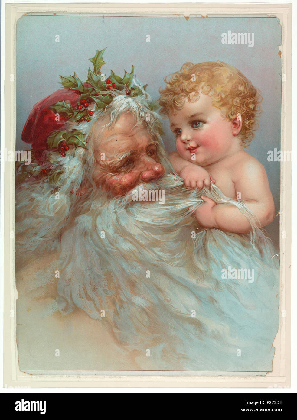 . Englisch: Chromolithograph Print, Plakat, Ca. 1898. Englisch: Vertikales Rechteck. Santa Claus mit roter Kappe und Holly in seinem Haar, bei einem Baby suchen auf seine linke Schulter. . Ca. 1898 61 Chromolithograph Print, Plakat, Ca. 1898 (CH) 18458601 Stockfoto