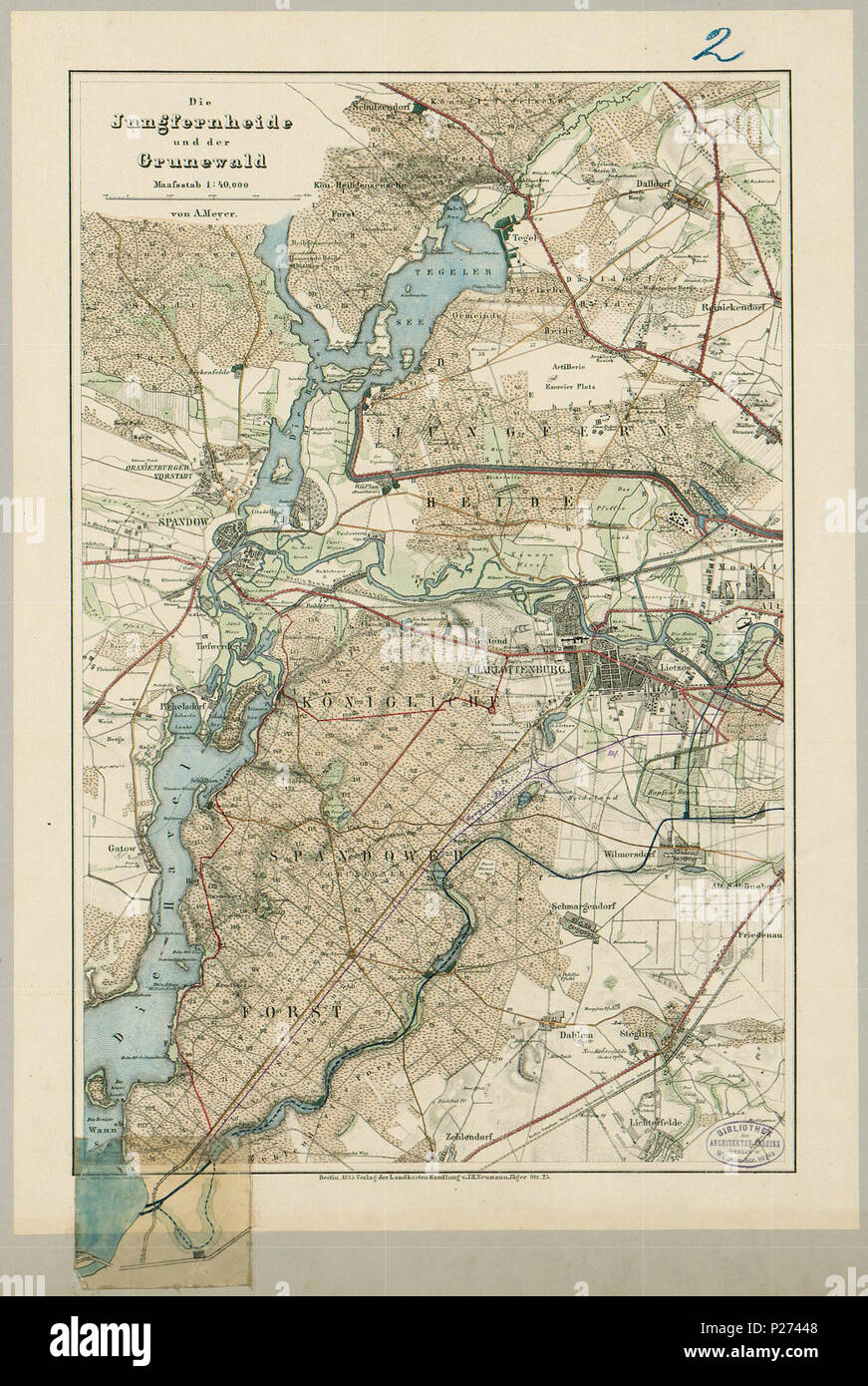 . Sterben und der jungfernheide Grunewald. English: Der Plan stammt aus einem (nicht realizierten) Entwurfsprojekt aus dem Jahr 1878 für den Berliner Südkanal von Christian Havestadt. Eingezeichnet ist hier sterben westliche Planung des Kanals durch den Grunewald in den Wannsee hinein. Der um 1900 als gebaute Teltowkanal verläuft weiter südlich. 1875. A. Meyer 82 Sterben und der jungfernheide Grunewald 1875 Stockfoto