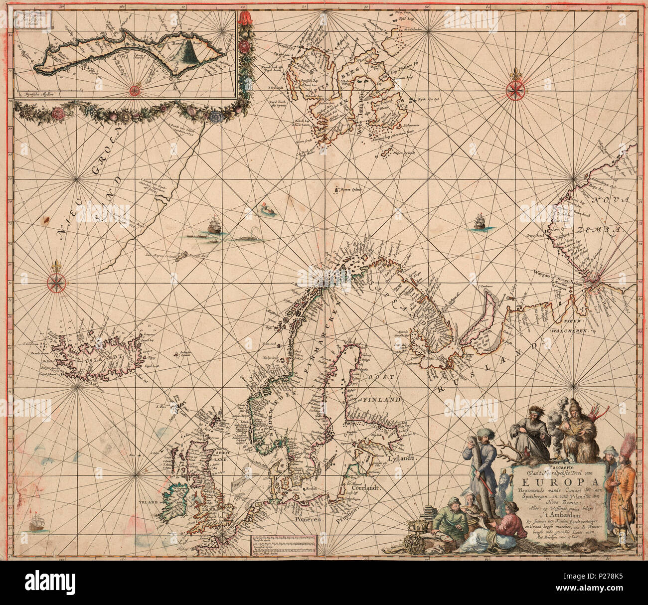 . Norsk Bokmål: Kart fra Nasjonalbibliotekets kartsamling. Er Kartet gitt ut i Amsterdam (ca 1681) og viser Nord-Europa. Vor ca 1681. Van Keulen, Johannes 217 Pascaerte van't Noordlyckste Deel van Europa-keine-nb krt 00638 Stockfoto