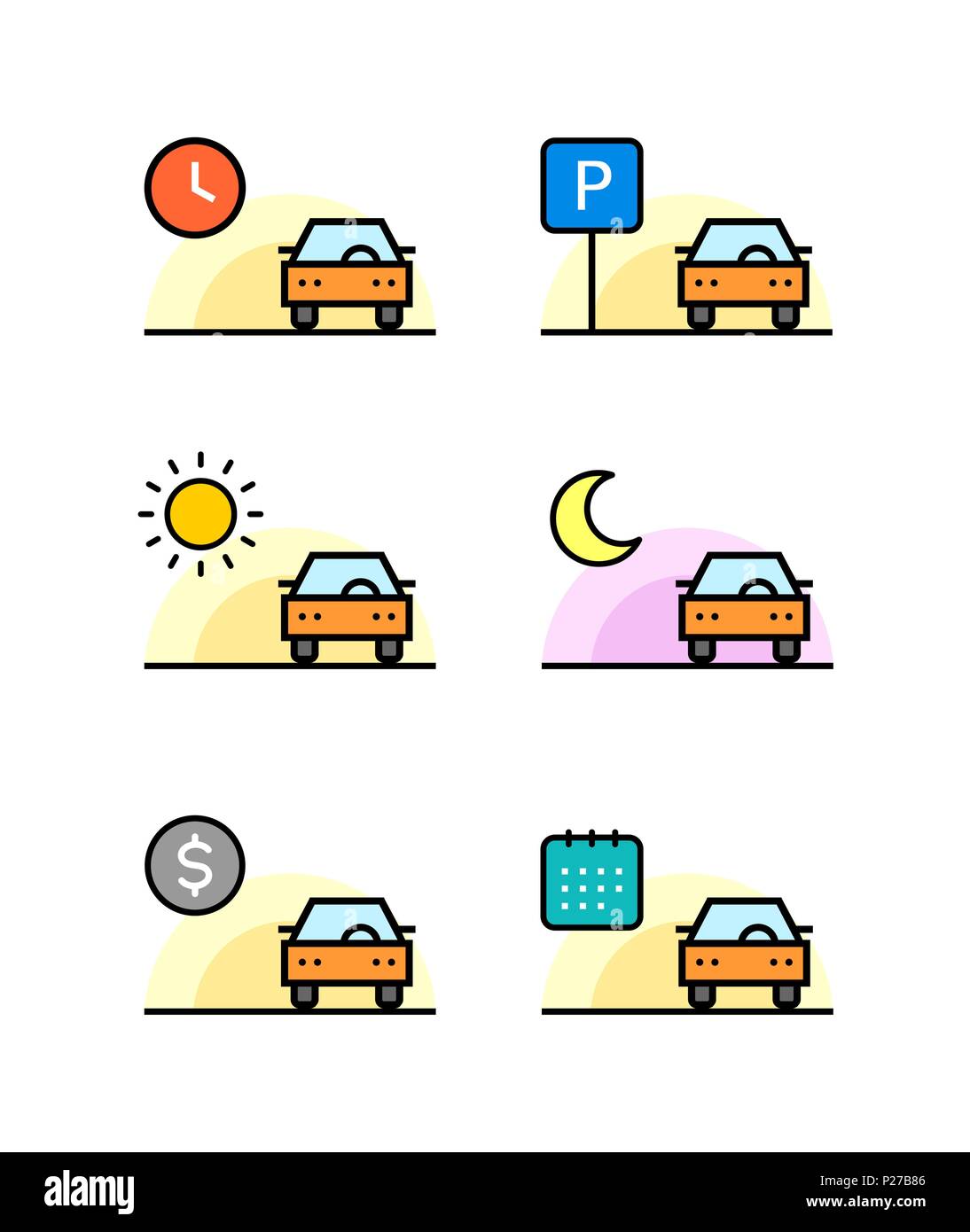 Auto mieten, Parkplatz, Umriss verkaufen Einfache Vector Icons einstellen Stock Vektor